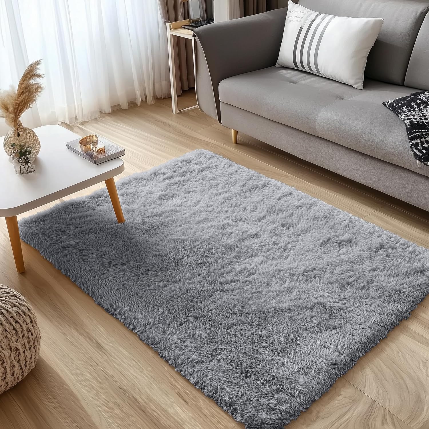 OLANLY 3x5 Machine Washable Small Bedside Rug, Soft Fluffy Shaggy Rugs for Living Room, Bedroom, Indoor Floor Carpet for Kids Girls and Boys, Preppy Dorms, Nursery, Home Decor Aesthetic, Light Grey