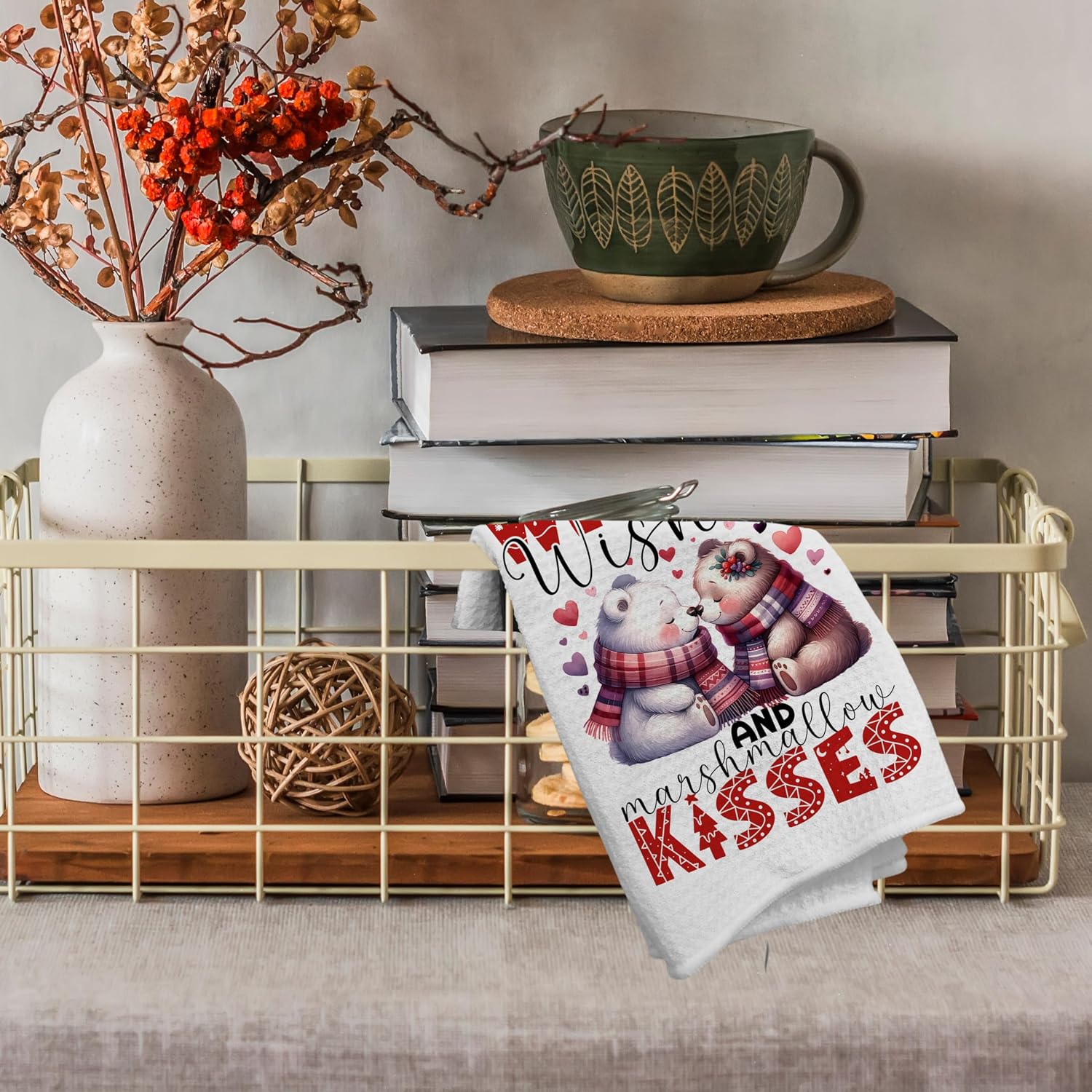 Christmas Kitchen Towel “Warm Wishes and Marshmallow Kisses” Winter Dish Towel with Cute Bear Design Festive Hand Towel for Kitchen Bathroom Holiday Décor 16x24 Inches.(060) image 2
