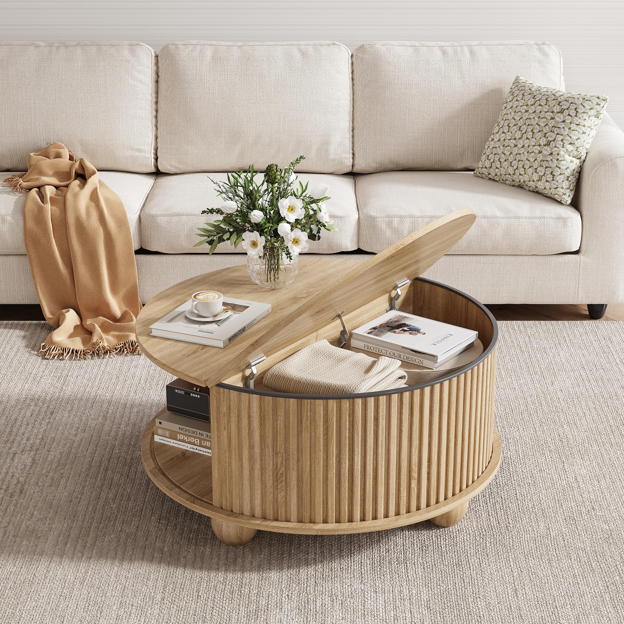 Vudanfe Round Coffee Table with Storage, Accent Fluted Drum Coffee Table with Sl — product photo