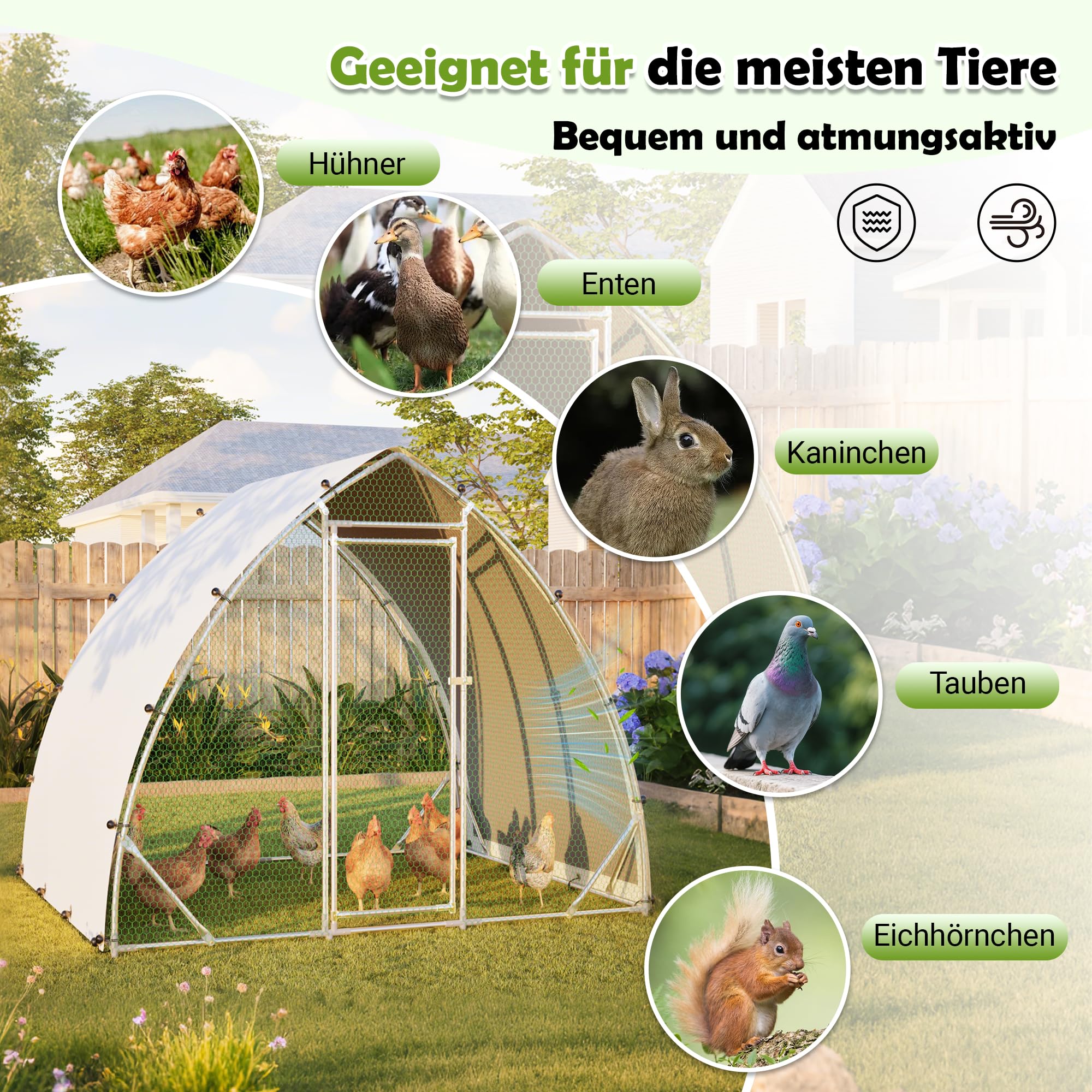 Thanaddo Hühnerstall Metall Freilaufgehege Hühner, 2,5x2 m Dreieckig-oval Hühnergehege mit PE-Tuch, Verzinkter Stahl Kleintierstall mit Riegelsystem-Tür für Hühner Haustierkäfig Kleintiere Garten
