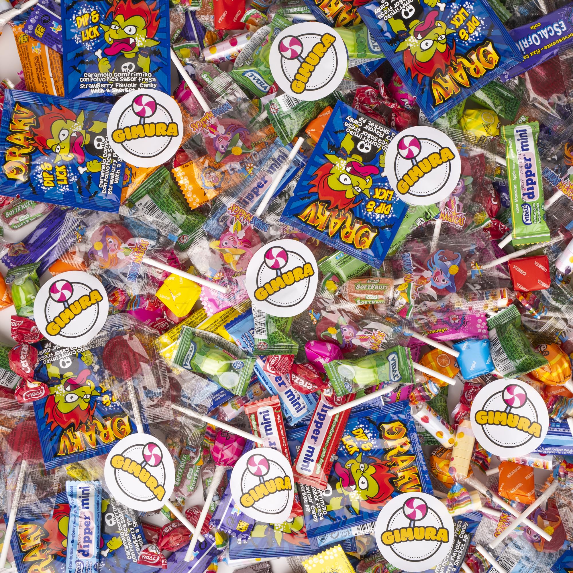 Gimura - Mega Pack 150 Bonbons et Friandises pour Pinata et Anniversaire - 10 Sachets Cadeaux Inclus - Sans Gluten - Emballés Individuellement