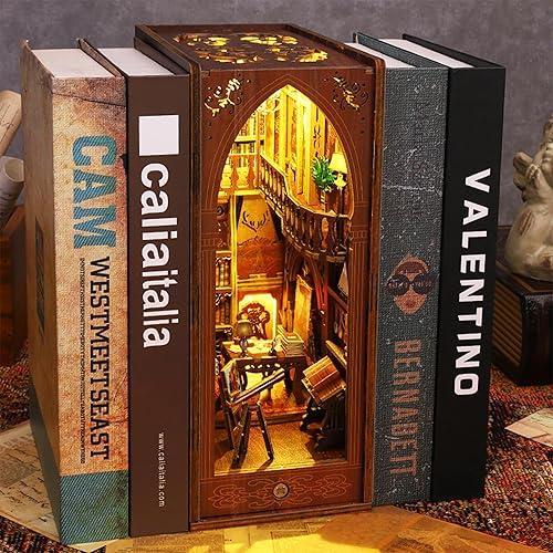 Miniatura 6 de ISSEVE DIY Book Nook Kit, 3D Wooden Puzzle DIY Miniature House Kit for Book Nook Shelf Insert Decoration, Magic Book House Stand Bookshelf Dollhouse