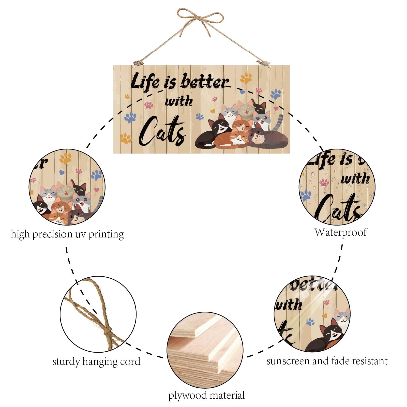 CREATCABIN Life is Better with Cats Wood Sign Rustic Wooden Plaque with Jute Twine Kitten Decorative Cat Paw Print Wall Art Decor for Pet Shop Home Hanging Ornament Cat Lover Gifts 12 x 6 Inch - Image 3