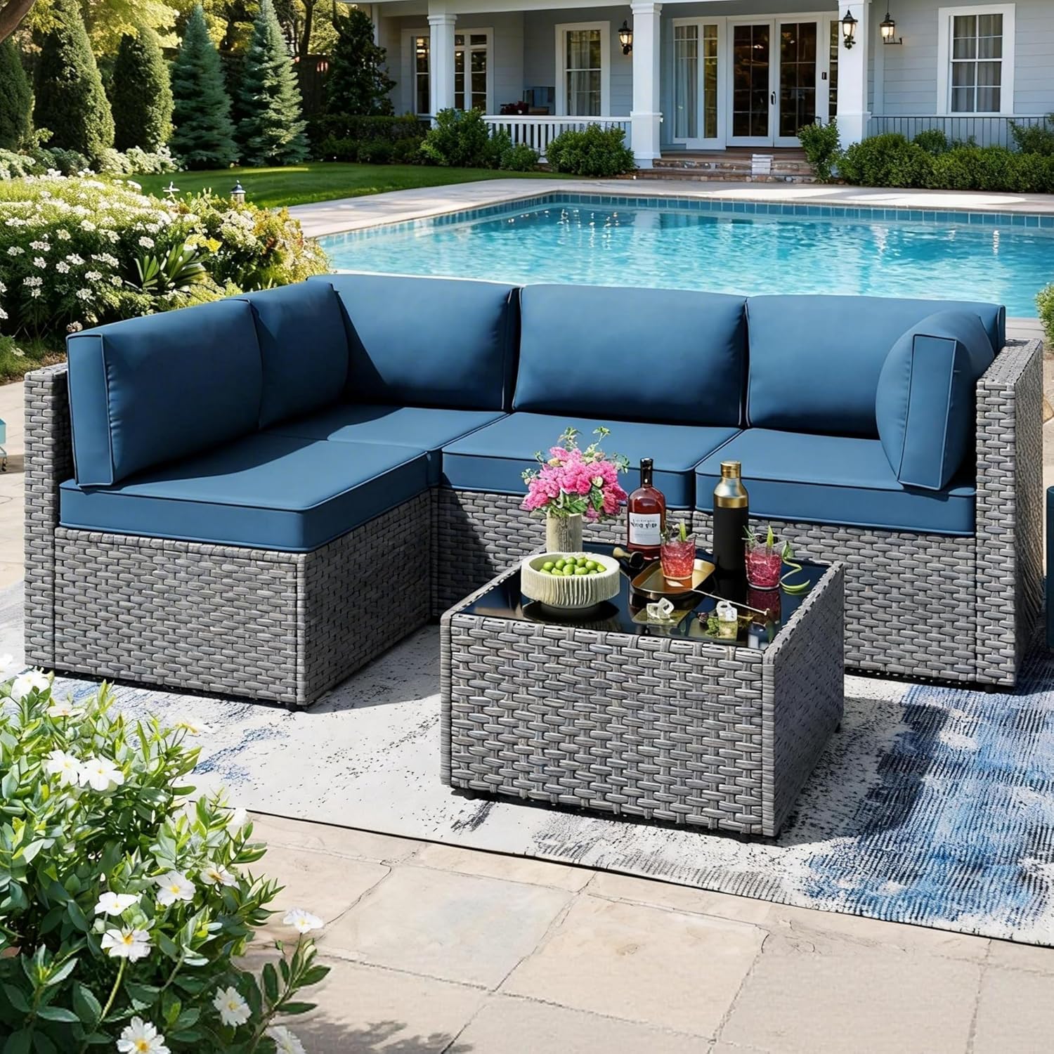 SUNLEI 5 Piece Patio Furniture Sets, Low Back All-Weather Rattan Sectional Sofa with Tea Table&Washable Couch Cushions, Patio Furniture Sets, Silver Rattan