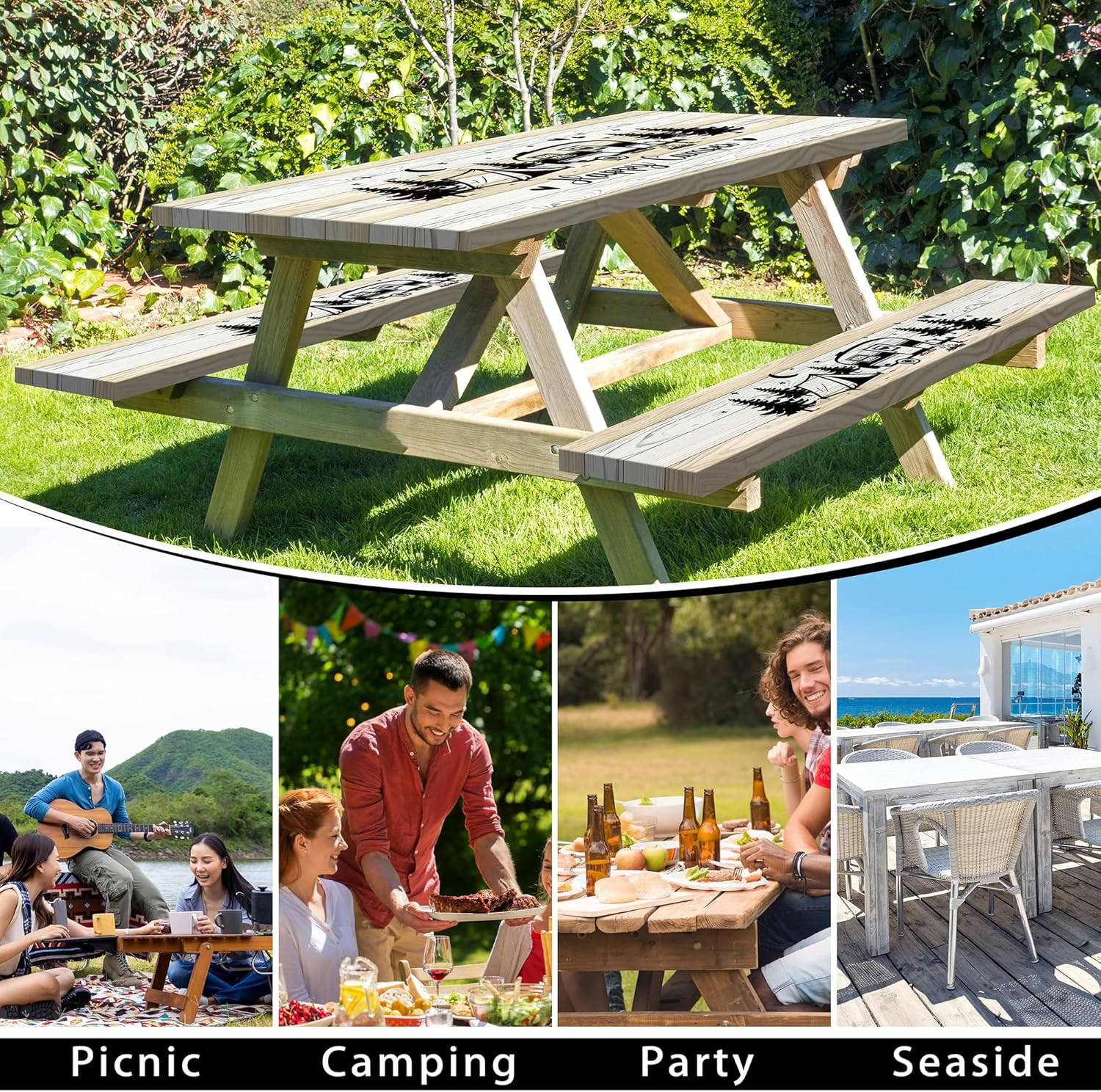 Picnic Table Cover with Bench Covers 6FT Outdoor Happy Camper Waterproof Picnic Tablecloths Camping Fitted Tablecloth with Elastic Rectangle Table Cover (3pcs-72")