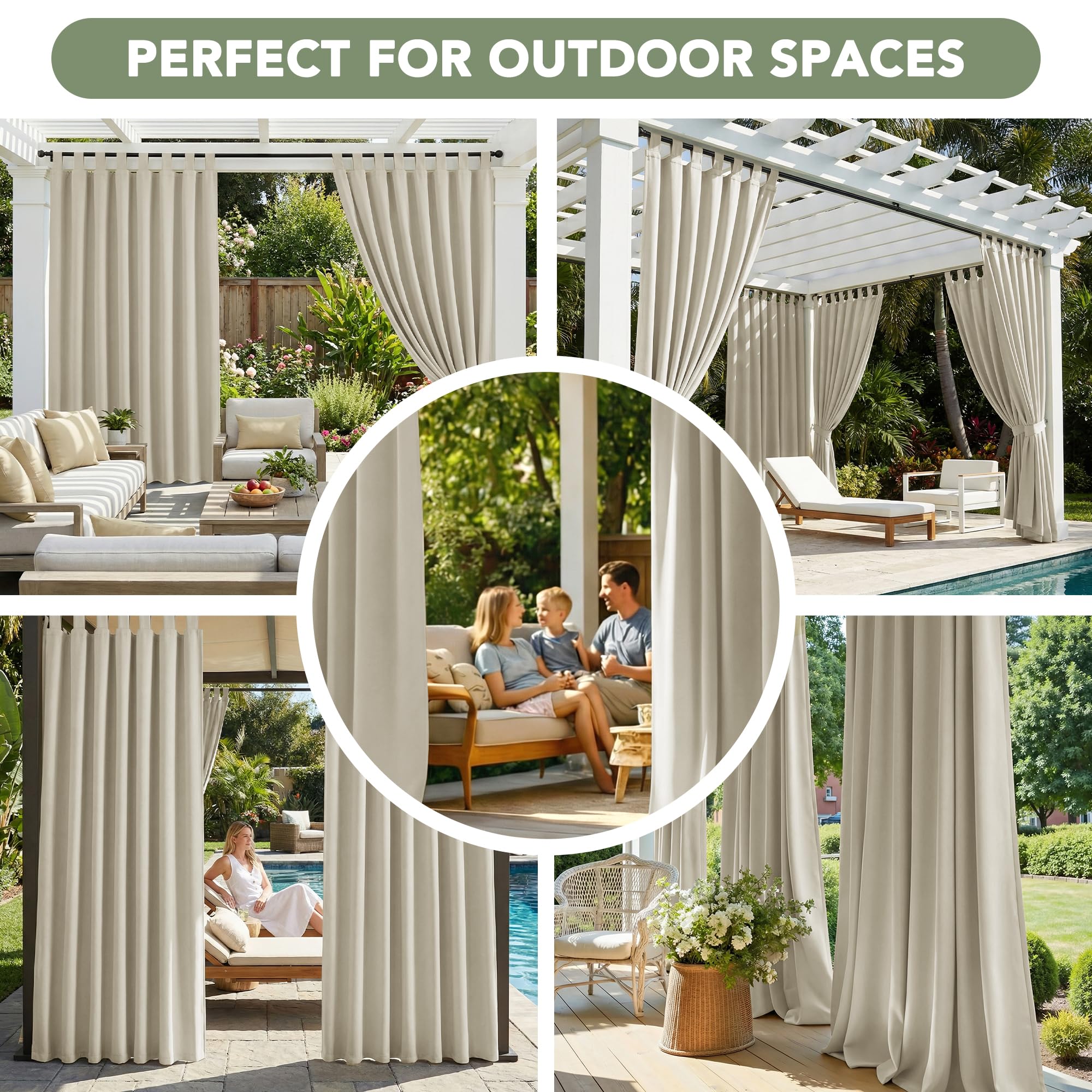 Deconovo Rideau Extérieur Imperméable Occultant Thermique 132x270 cm Beige 2 Panneaux