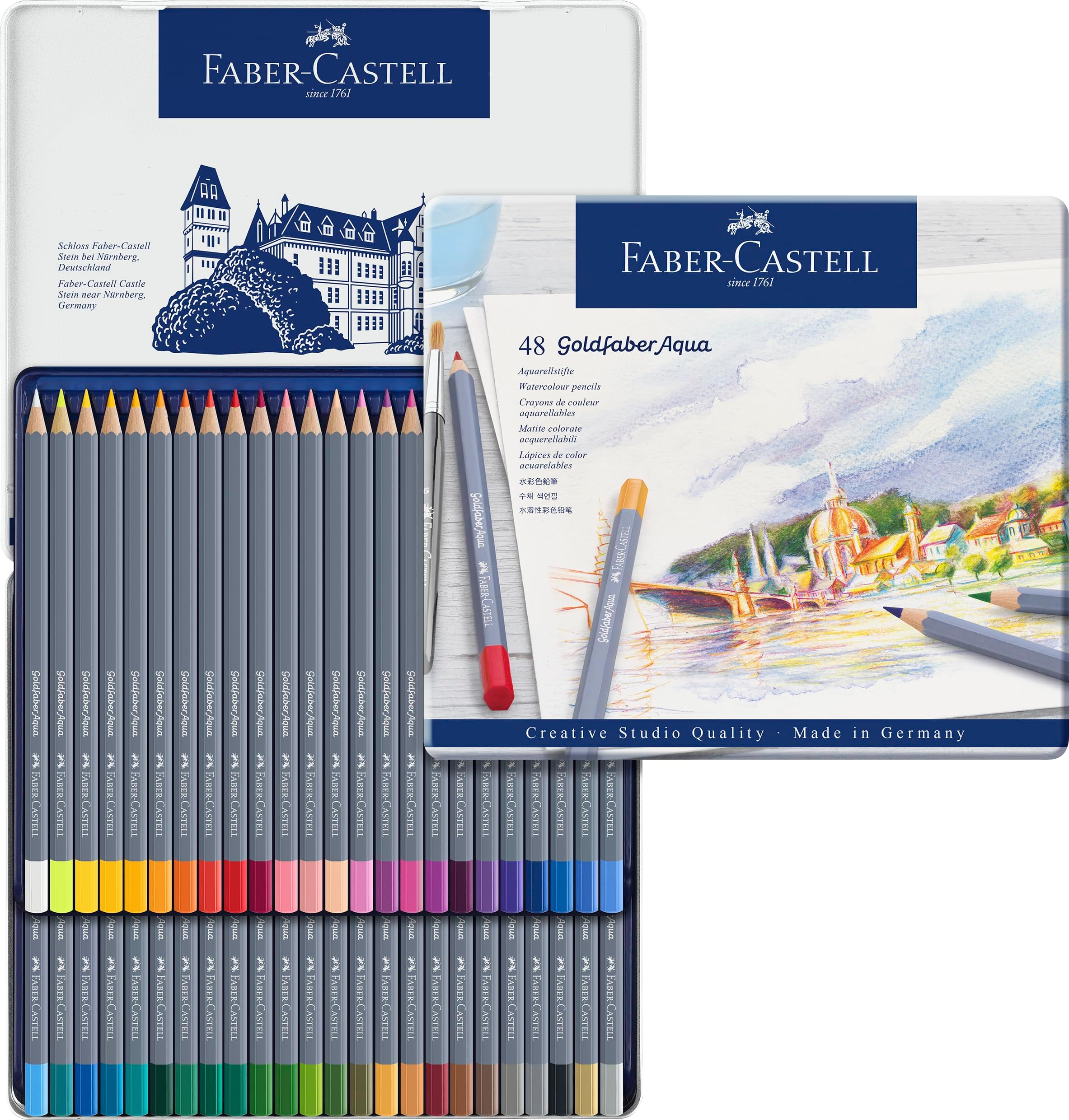 Faber-Castell Creative Studio Goldfaber Aqua Watercolour Pencil, Multicoloured Tin of 48 Pencils, Art, Craft, Drawing, Sketching, Home, School, University, Colouring