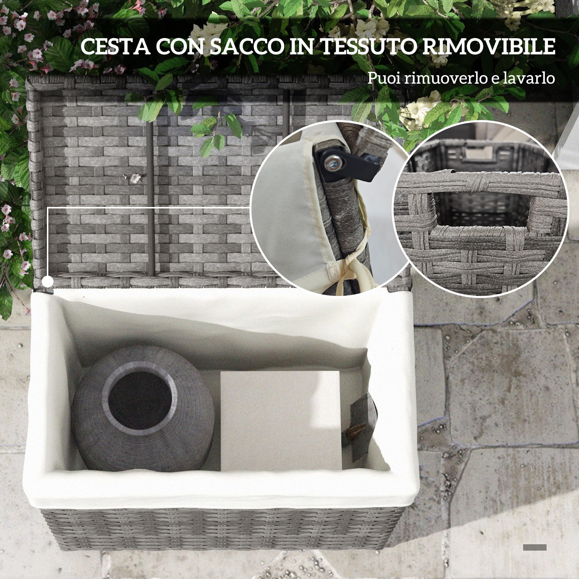 Outsunny Baule da Giardino in Rattan PE, Cassapanca da Esterno con Piedini Antiscivolo e Rivestimento Interno in Tessuto Impermeabile, 57x34x62cm, Grigio e Beige