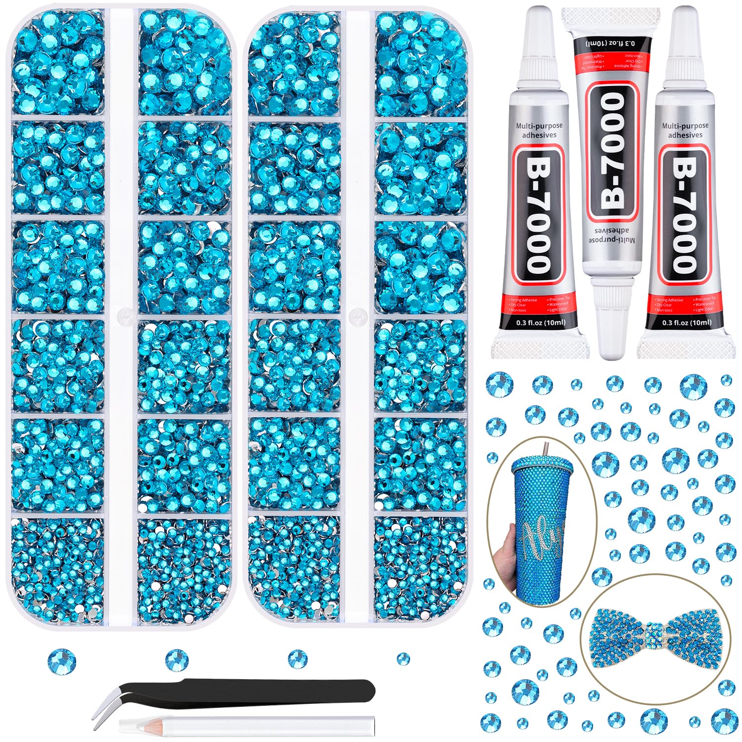 12100Pcs Resin Rhinestones for Crafting with 3Pcs 10ml B7000 Jewelry Glue, 2 Boxes Flatback Crystals Diomand (Indicolite) for Bedazzling Crafts DIY Nail Art Makeup,Non Hotfix Gems for Clothing Shoes