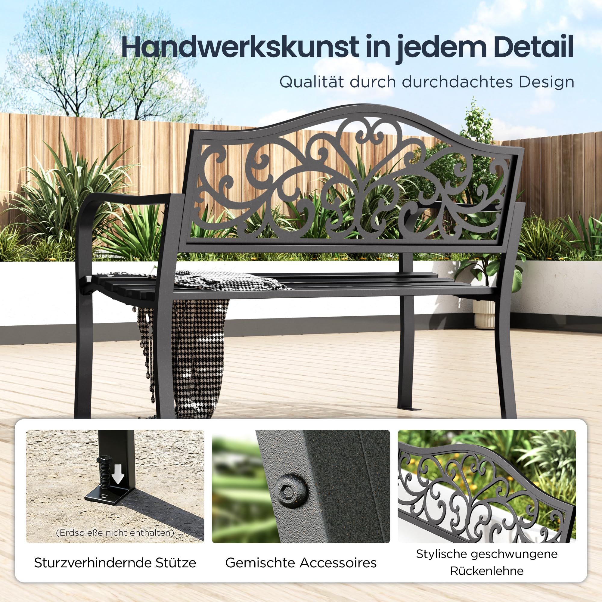 PHI VILLA 111 cm Gartenbank Floralem Metall Rückenlehne aus Gusseisen Stahlrahmen 2-3 Sitzer Bank Outdoor Wetterfest für Park, Vorgarten und Terrasse Schwarz