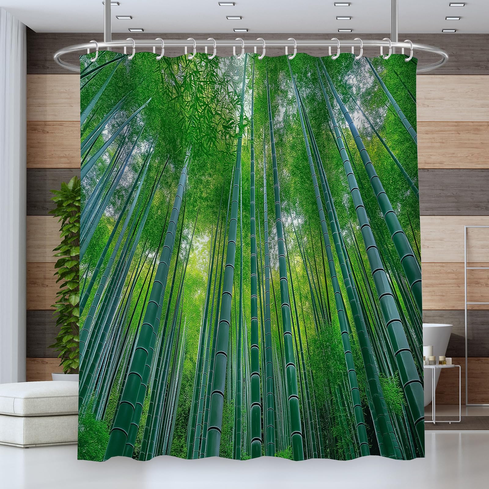 Cortina de Ducha con impresión Digital de Naturaleza Bosque De Bambú. Cortina de Baño con Hoja,240x200cm Impermeable Cortinas de Ducha con 12 Ganchos Tela de poliéster para baño