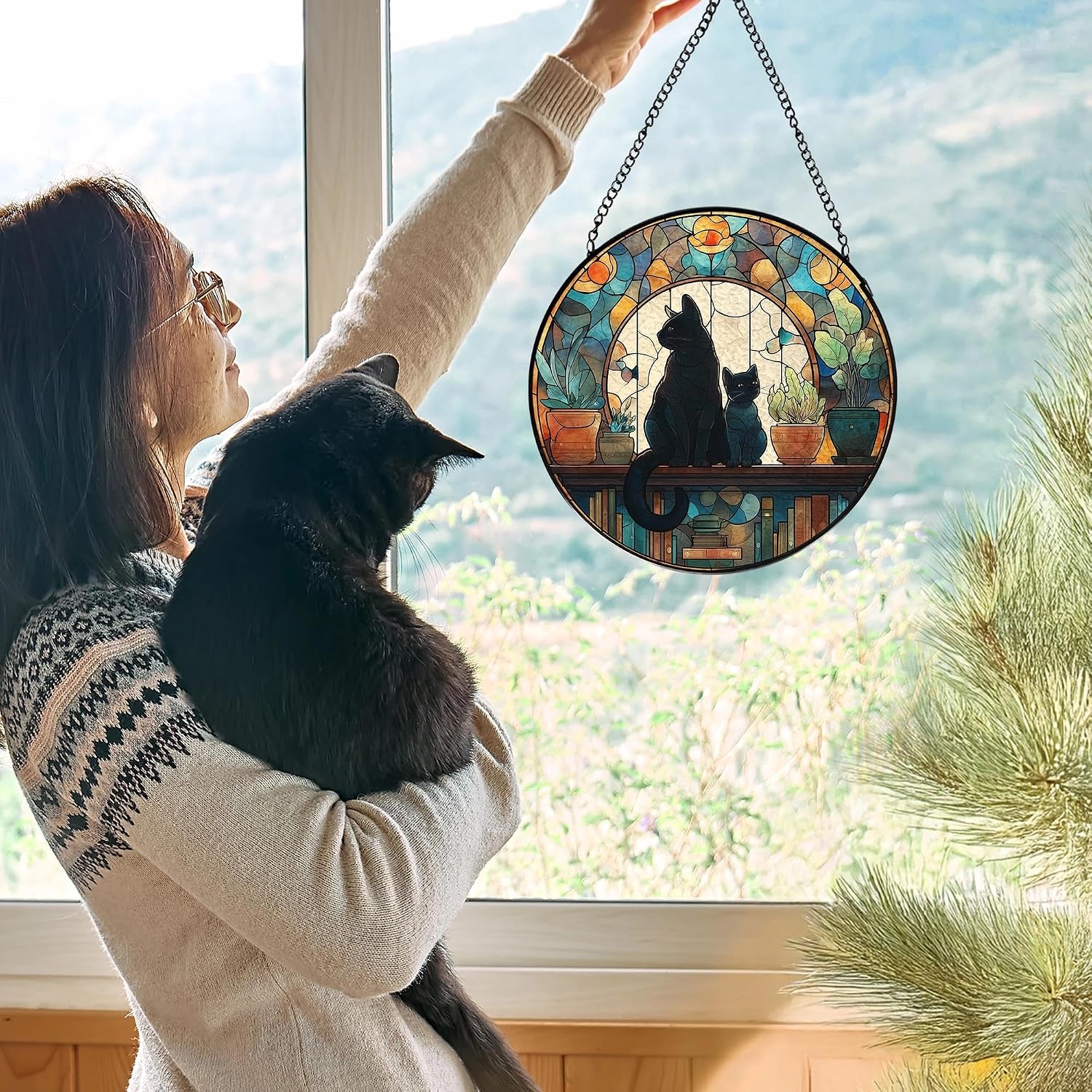 Black Cat Book Lovers Stained Glass Window Hanging, Book Lovers Reader Gifts Suncatchers Sun Catchers Indoor Window Glass Wall Art Decorations, Black Cat Gifts for Women, 7.9x7.9in, Patio