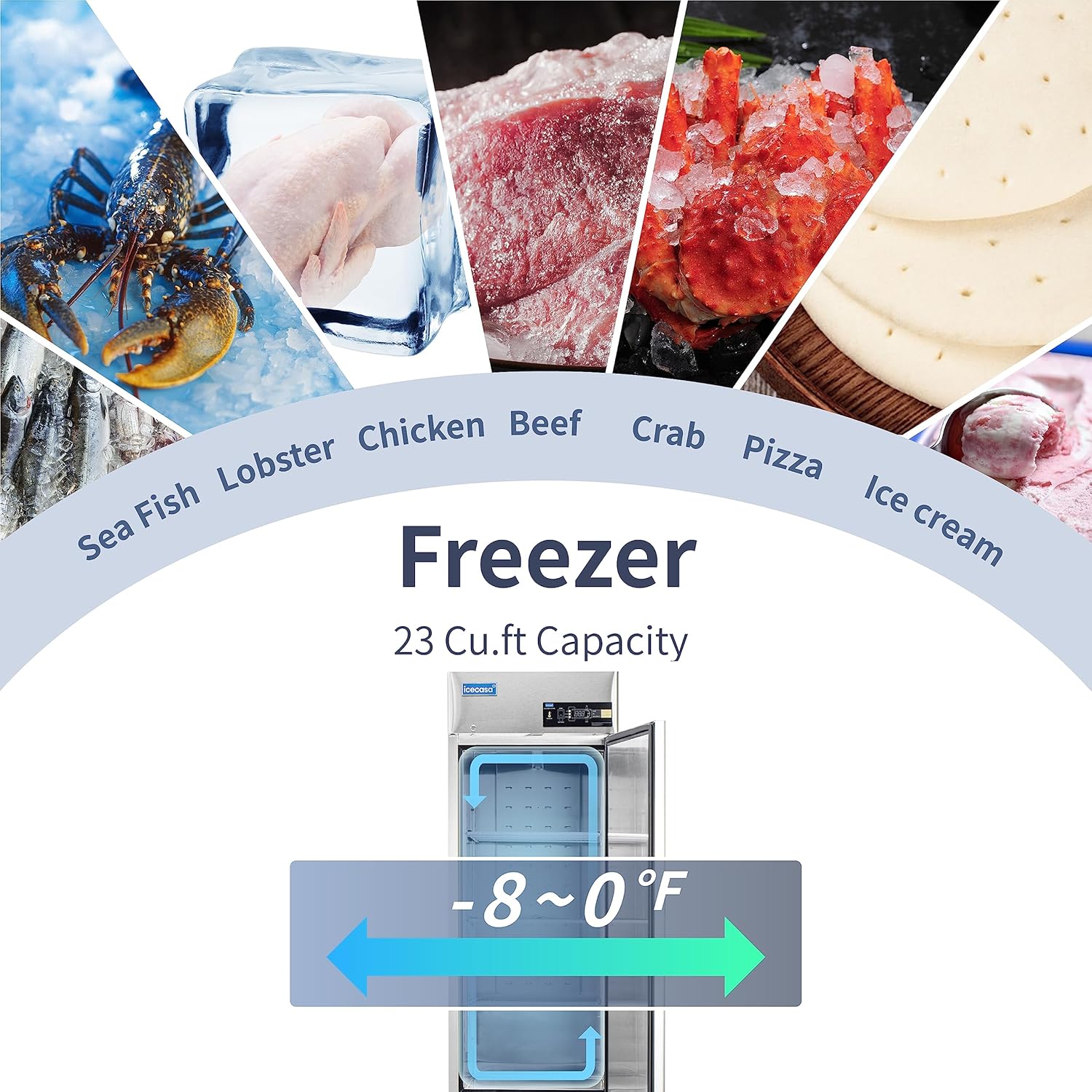ICECASA Commercial Freezer with various food items