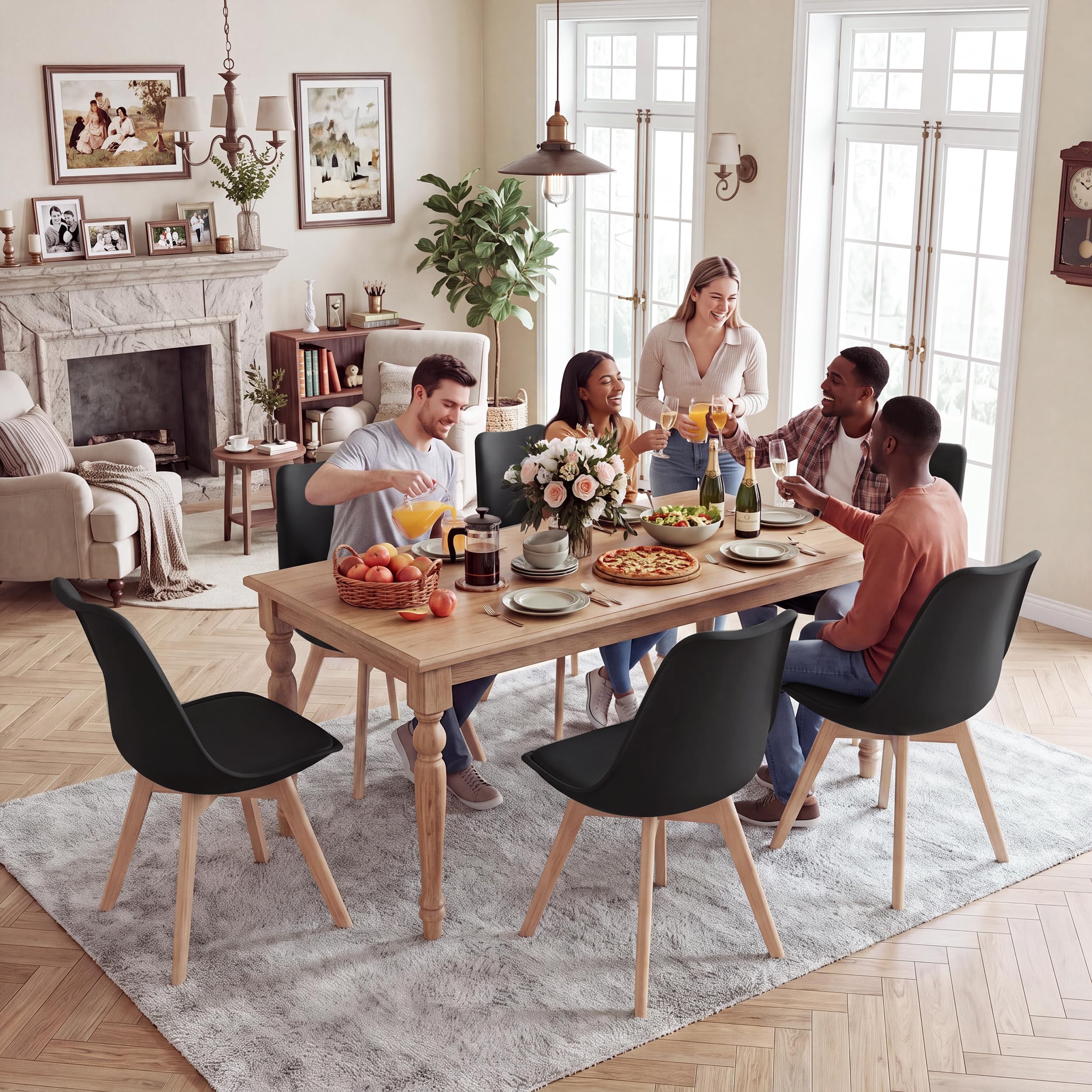 GrandCA HOME Juego de 6 sillas de Comedor escandinavas, diseño escandinavo, Patas de Madera Maciza, ergonómicas, para Comedor, salón, Cocina y Dormitorio (Negro, 6)