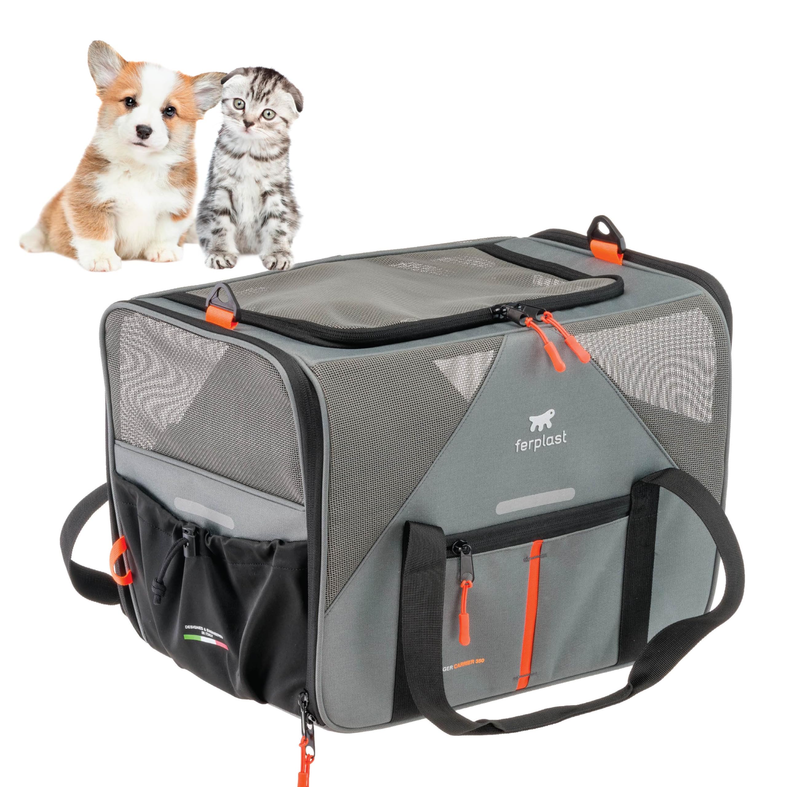 Ferplast Transportín Gato Voyager Carrier, Transportín Perro, Mochila para Gatos, Asas y Bandolera Regulables, Correa de Seguridad, Doble Apertura Lateral, con Cojín, Máx. 15 kg, 45x30x h33 cm, Gris