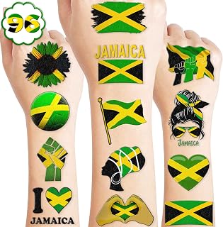 100 PCS Jamaica Flag Temporary Tattoos Themed Birthday Party Decorations Supplies Favors Decor Yellow Green Jamaican Palm Tree Tattoo Stickers Gifts For Game Kids Boys Girls Classroom School Prizes