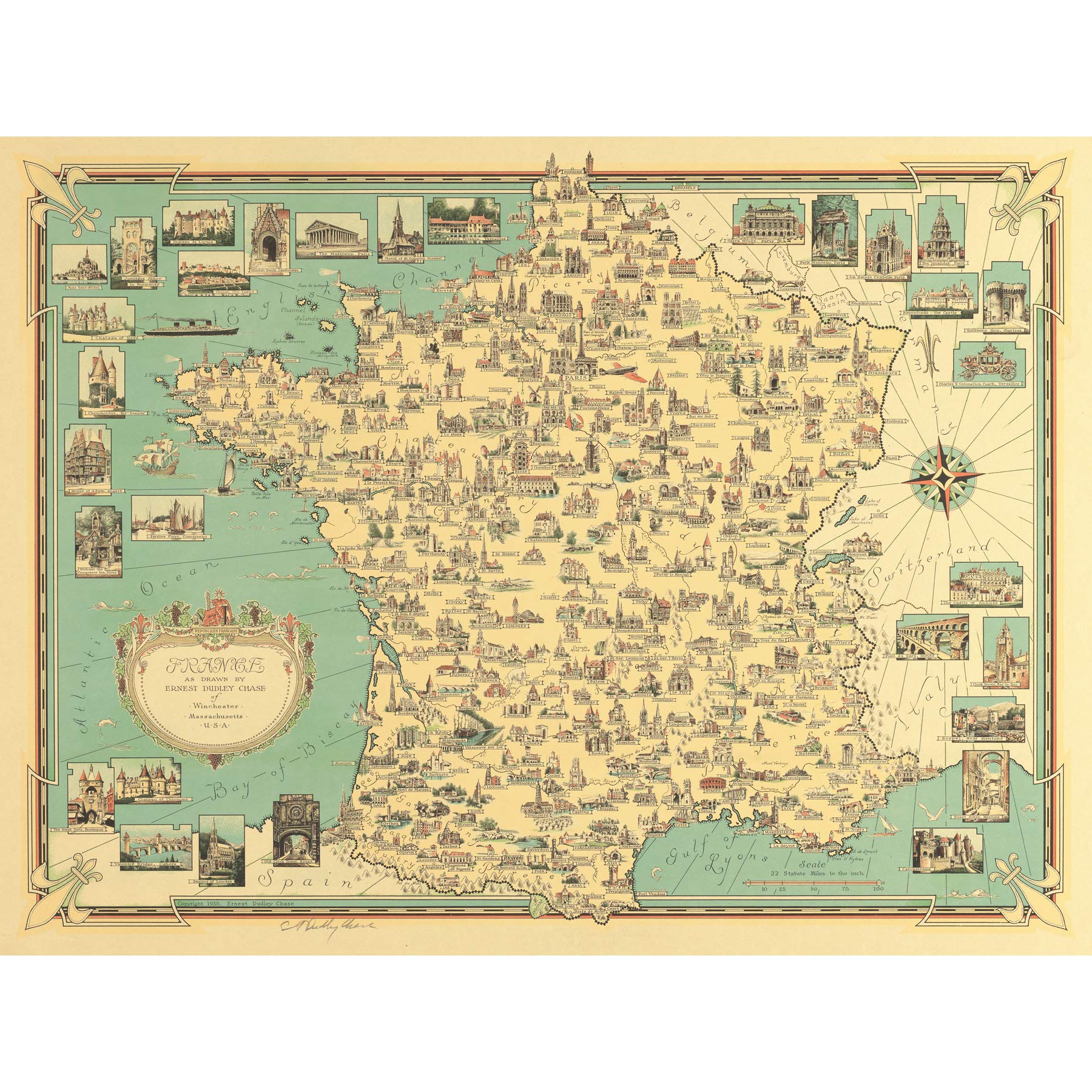 Chase 1935 Pictorial Map France Buildings Large Wall Art Print Canvas Premium Mural