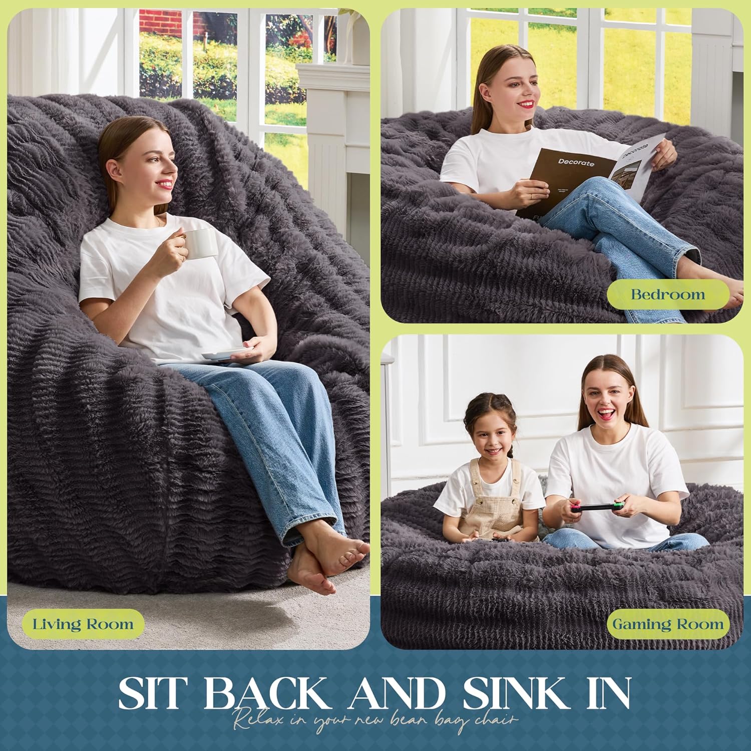 Hobestluk Bean Bag Chairs Beanbag Chair with Filler Adult Bean Bags with Fluffy Ripple Cover, Giant Bean Bag Chairs for Adults (Dark Grey, 5FT - 50" x 50" x 24")