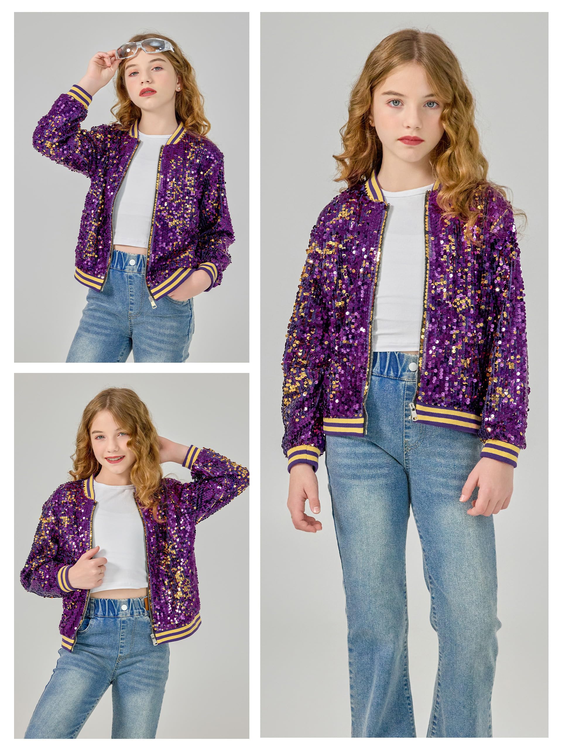 LOLANTA Ragazze Bomber di Paillettes con Tasche, Cerniera, Manica Lunga, Giacche da Baseball Scintillanti per Bambino 4-13 anni