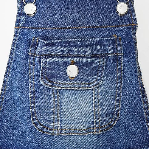 Miniatura 4 de KIDSCOOL SPACE Overol de mezclilla para niñas, banda elástica en el interior, bolsillos con solapa, suave y elástico