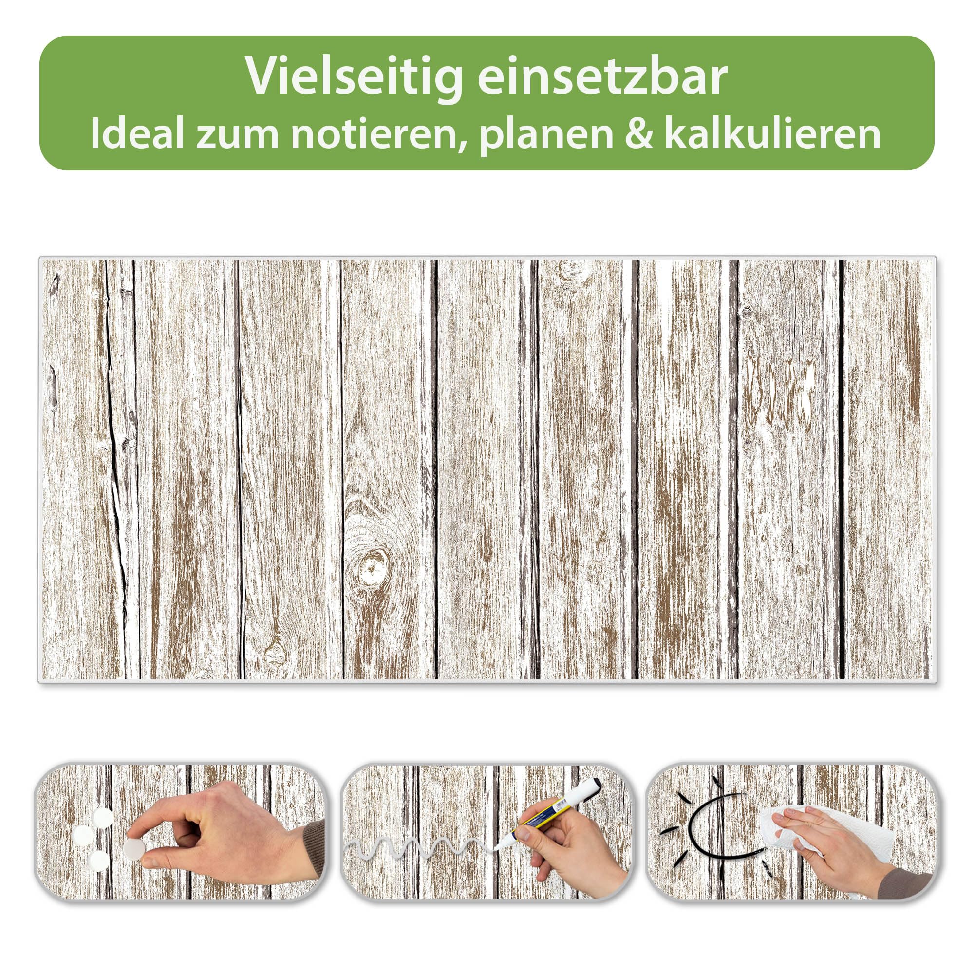 banjado Magnettafel Metall 78 x 37cm - beschreibbare Magnettafel - Metall Pinnwand als Memoboard - Magnetwand Küche, Büro, Kinderzimmer Weiß inkl. 4 Magnete & Montageset - Motiv Weißes Holz
