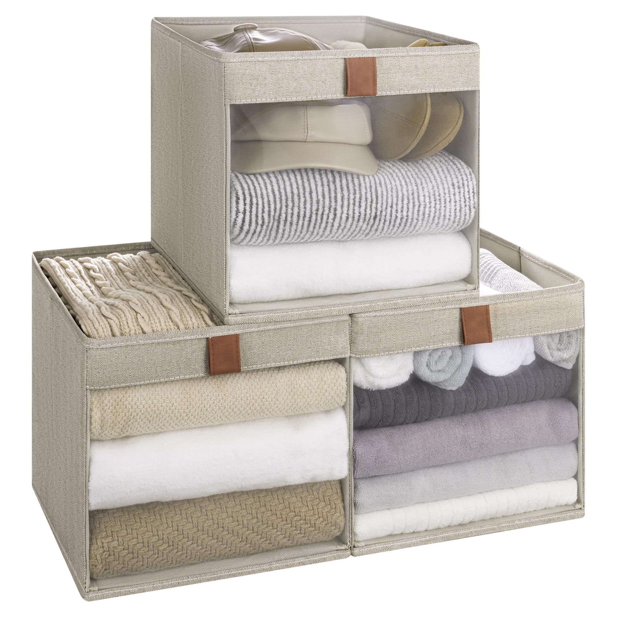 StorageWorks Cube Storage Boxes, Wardrobe Storage Boxes with Clear Window, Fabric Organiser for Clothes, Collapsible Storage Baskets with Handles, Shelf Organiser, Brown and Beige, 3-Pack