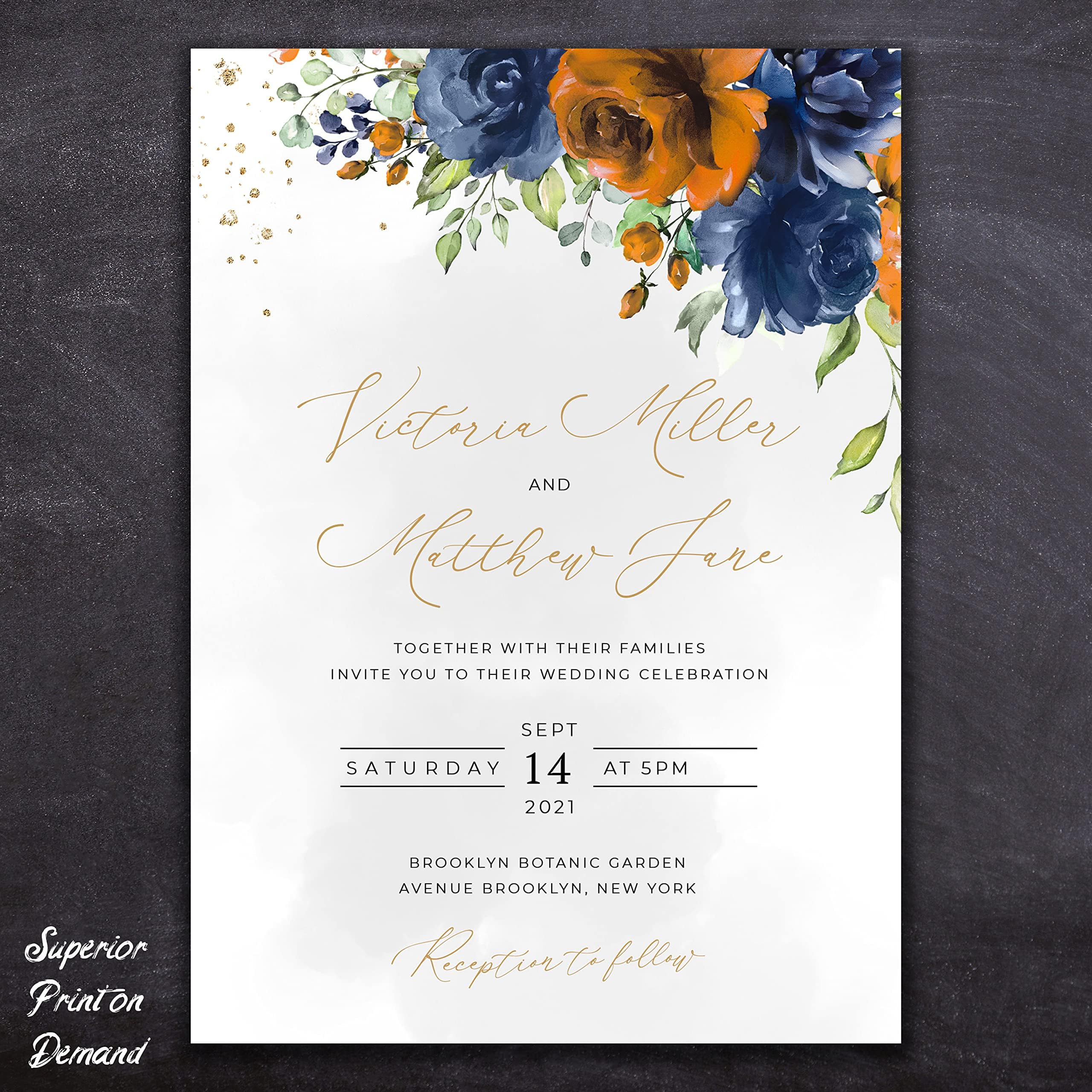 Customized Wedding Invitation Cards - 24 Wedding Invitations with Envelopes and 24 Rsvp Cards - Orange & Blue Flower Wedding Invitations Personalized with Gold Text