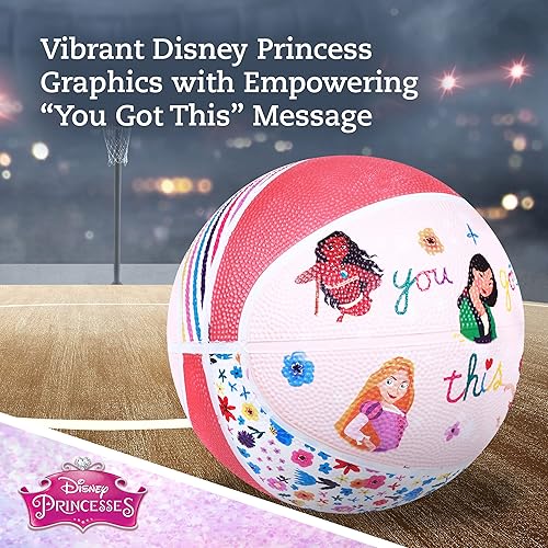 Miniatura 4 de Disney Princess Baloncesto tamaño 6, Ariel, Moana, Mulan, Bella y Rapunzel para interiores y exteriores, pelota deportiva juvenil para niños y