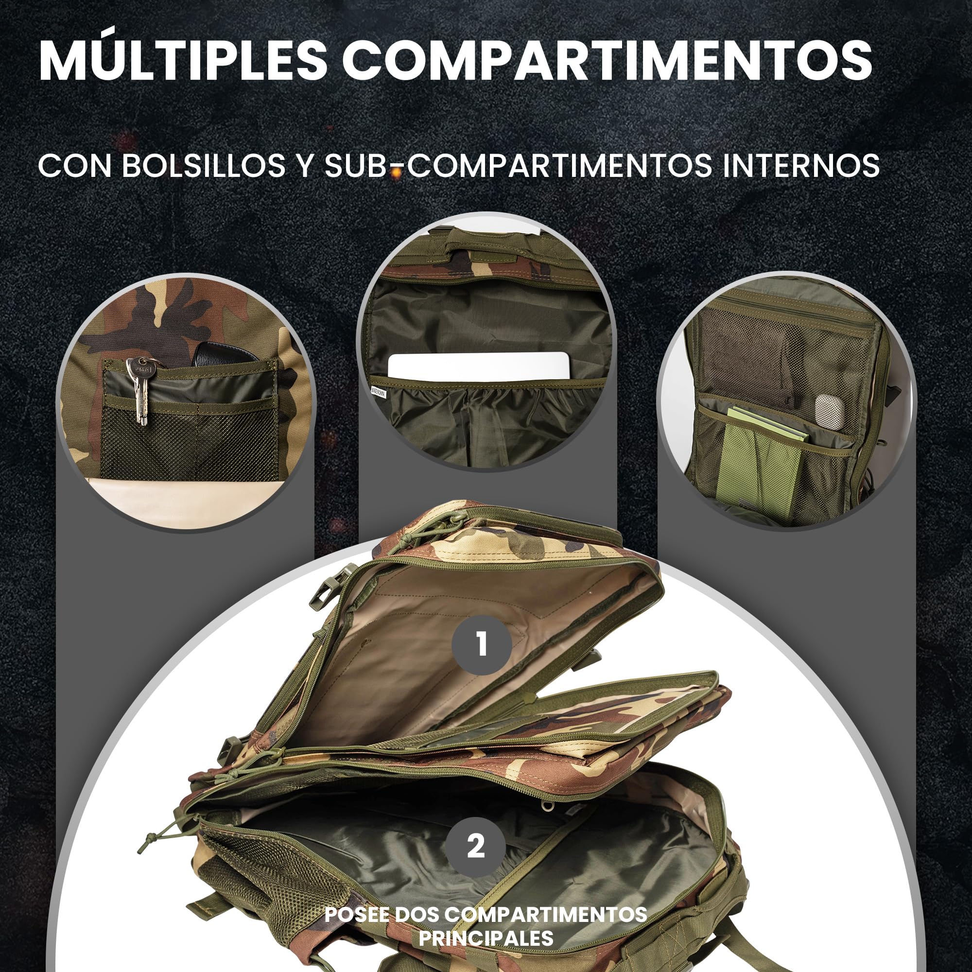 Mochila Crossfit - Mochila táctica 45L militar Impermeable, Compartimentos Organizados, para Gimnasio y Viajes - Duradera y Versátil personalizable con parches incluidos