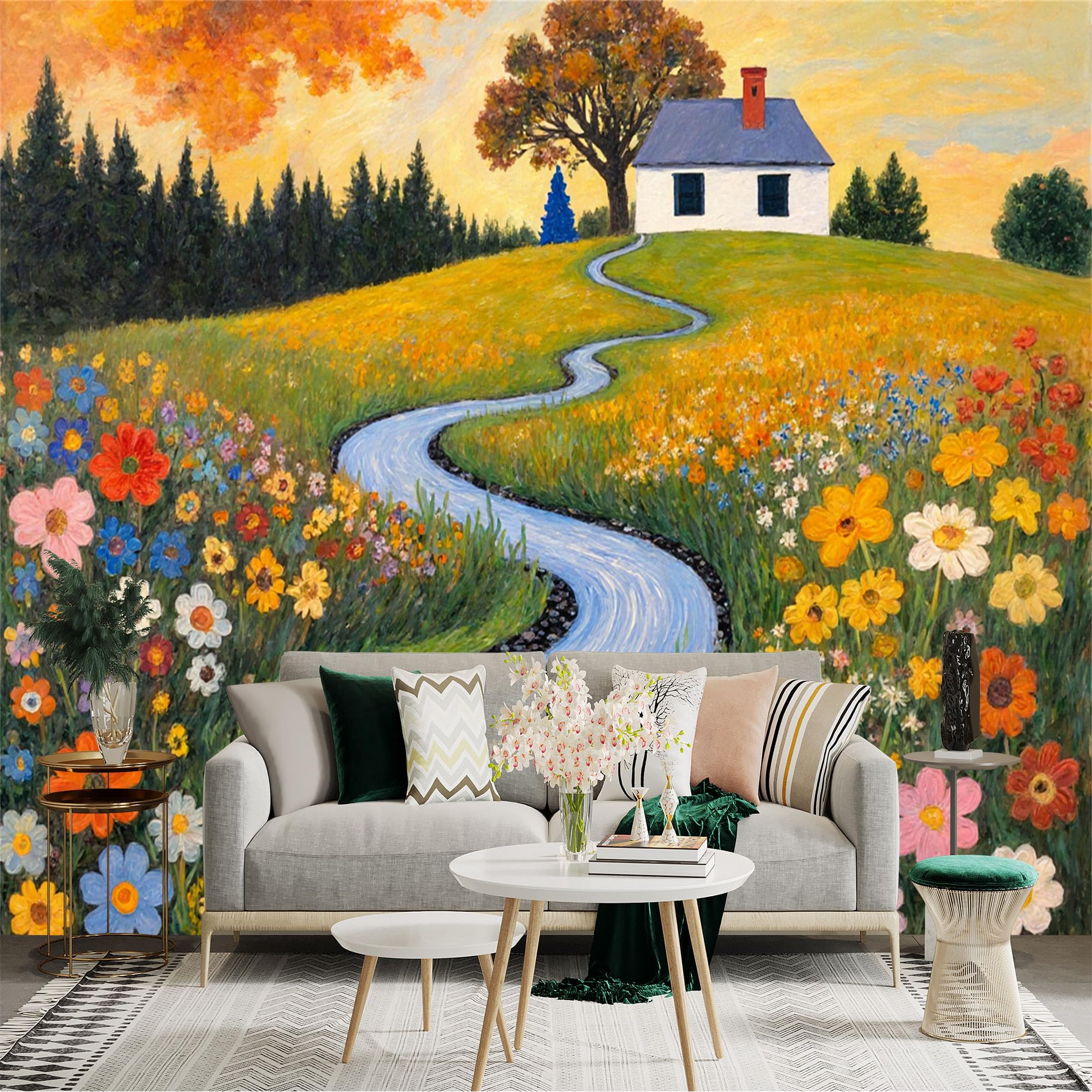 Custom Size Wall Sticker Mural， Winding River Through Wildflower Meadow， Pastoral Cottage Landscape， Sunny Sunset Scene， for wall Decoration， peelandstick wall Decals.