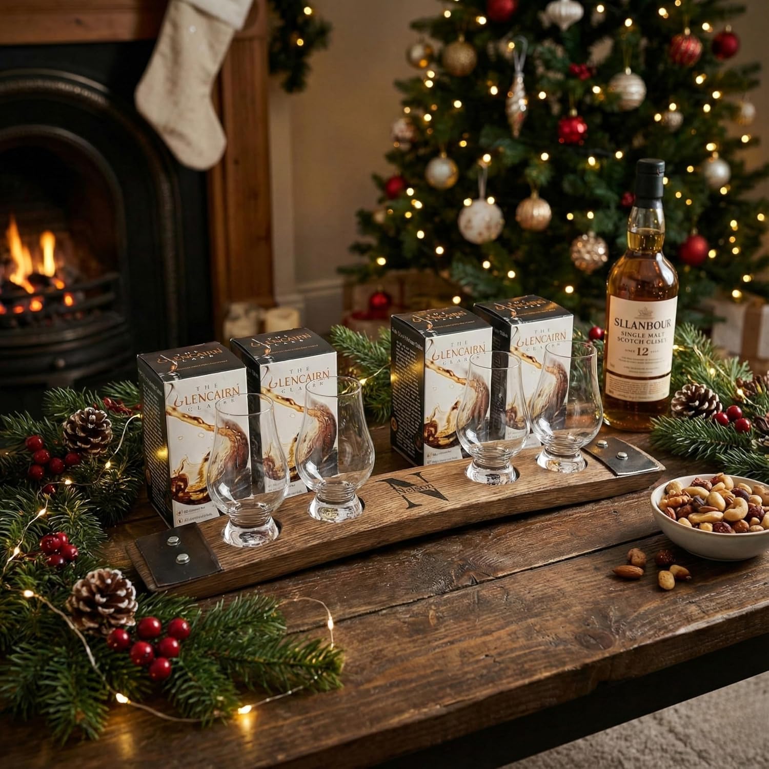 Personalized Premium 4 Glass Whiskey Flight/Engraved Center/Personalized Gift/Crystal Glass Option/Dark Walnut Color (Split Monogram)