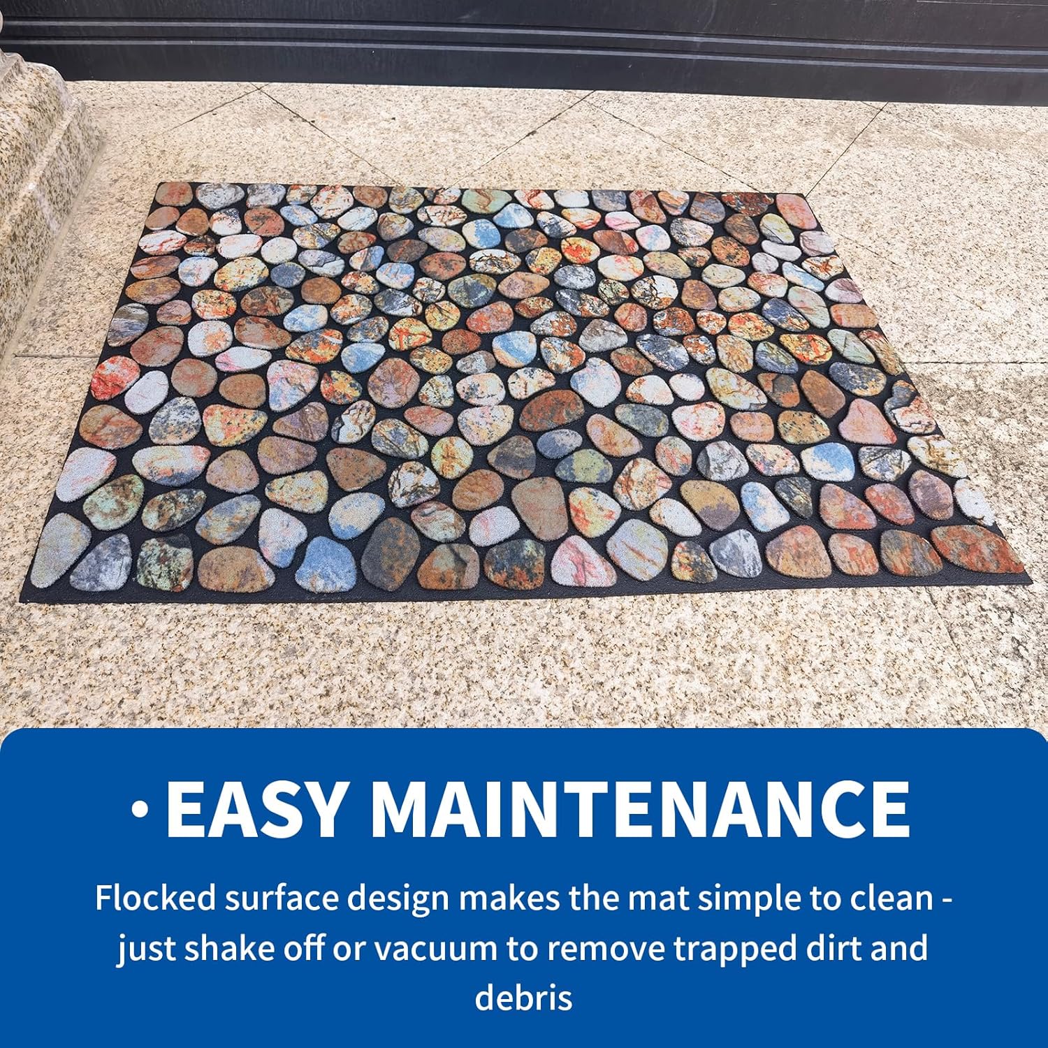 Cobblestone Flocked Doormat, Indoor Outdoor Entrance Mat with Non-Slip Backing, Decorative Pebble Design, Heavy Duty Welcome Mat，Size 44 * 72.5cm，Natural Rubber Backing