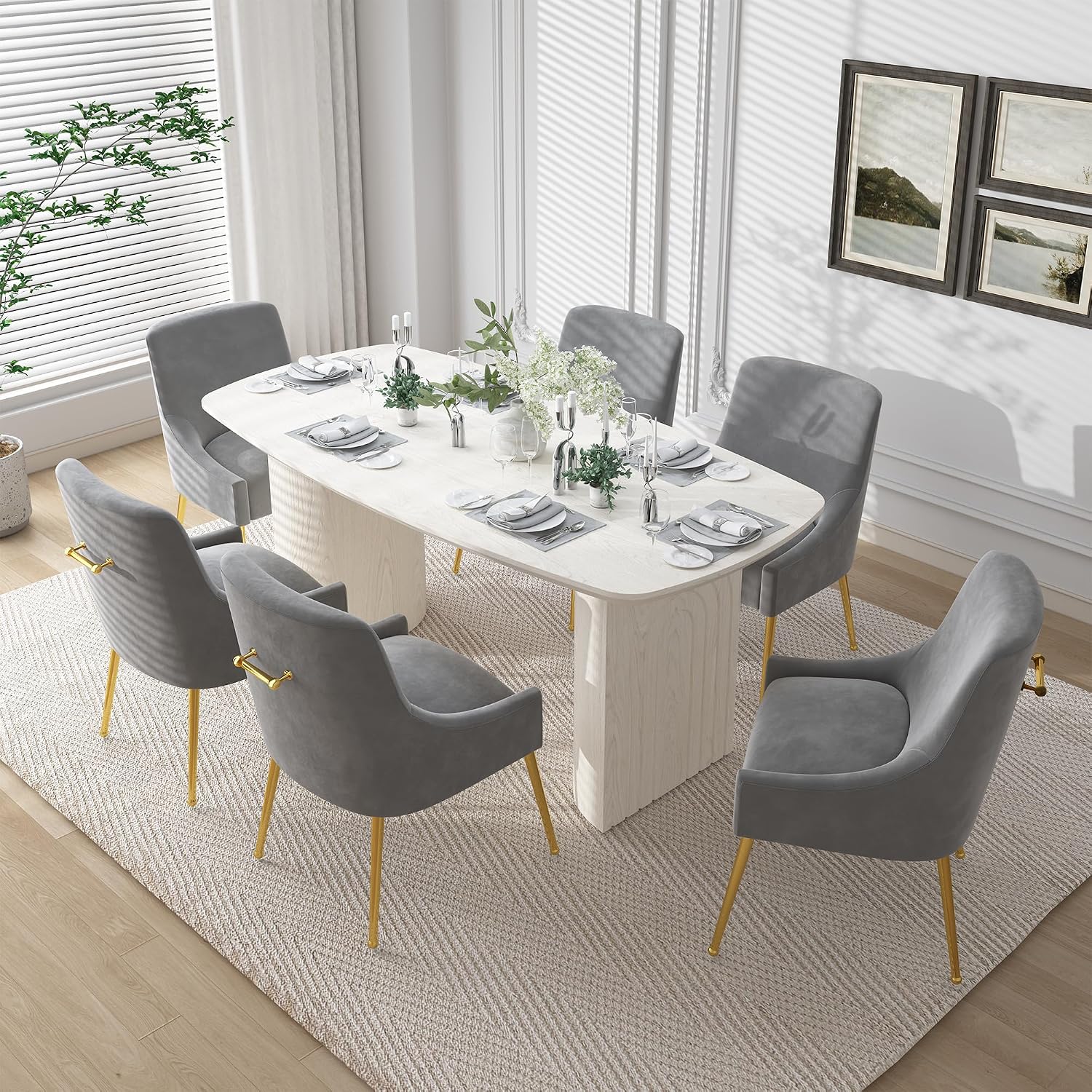 Clihome 7-Piece Dining Table Set for 4-6, 70'' Wooden Kitchen Table and 6 Velvet Dining Chair, Modern Rectangular Kitchen Table Furniture Set for Dining Room, Grey