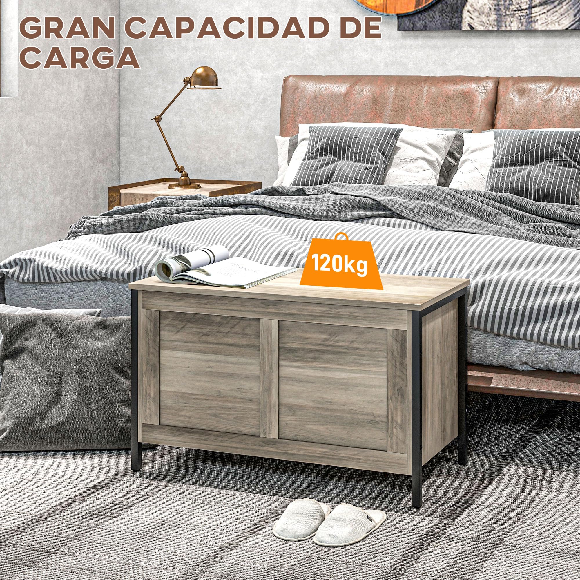 HOMCOM Baúl de Almacenaje para Dormitorio 95 L Banco de Almacenaje con Tapa Bisagra de Seguridad para Pasillo Salón 80x40x50 cm Marrón Grisáceo