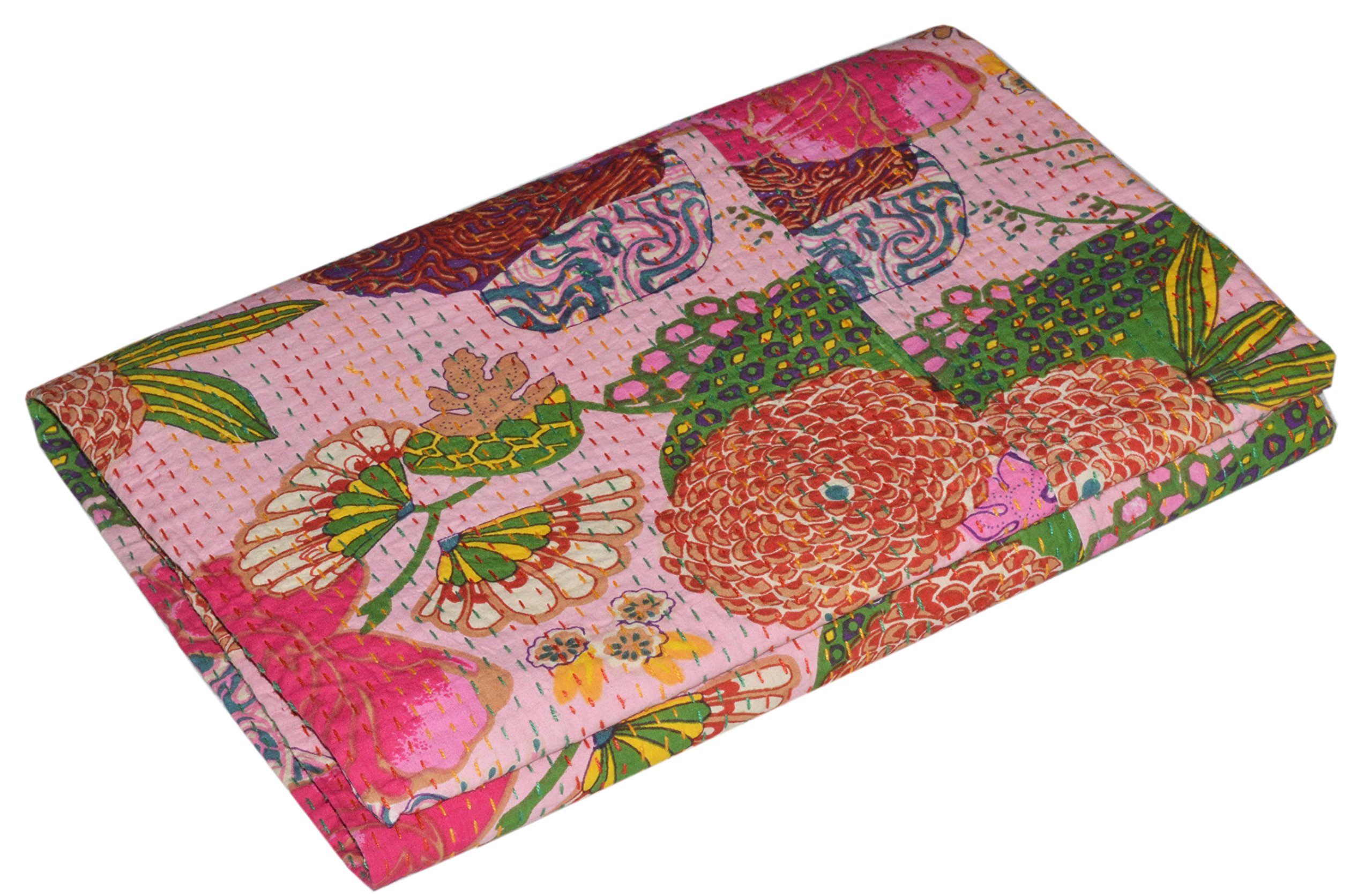 YUVANCRAFTS Couvre-lit Kantha en coton avec impression de fruits - Couvre-lits indiens (Twin_Multicolore)