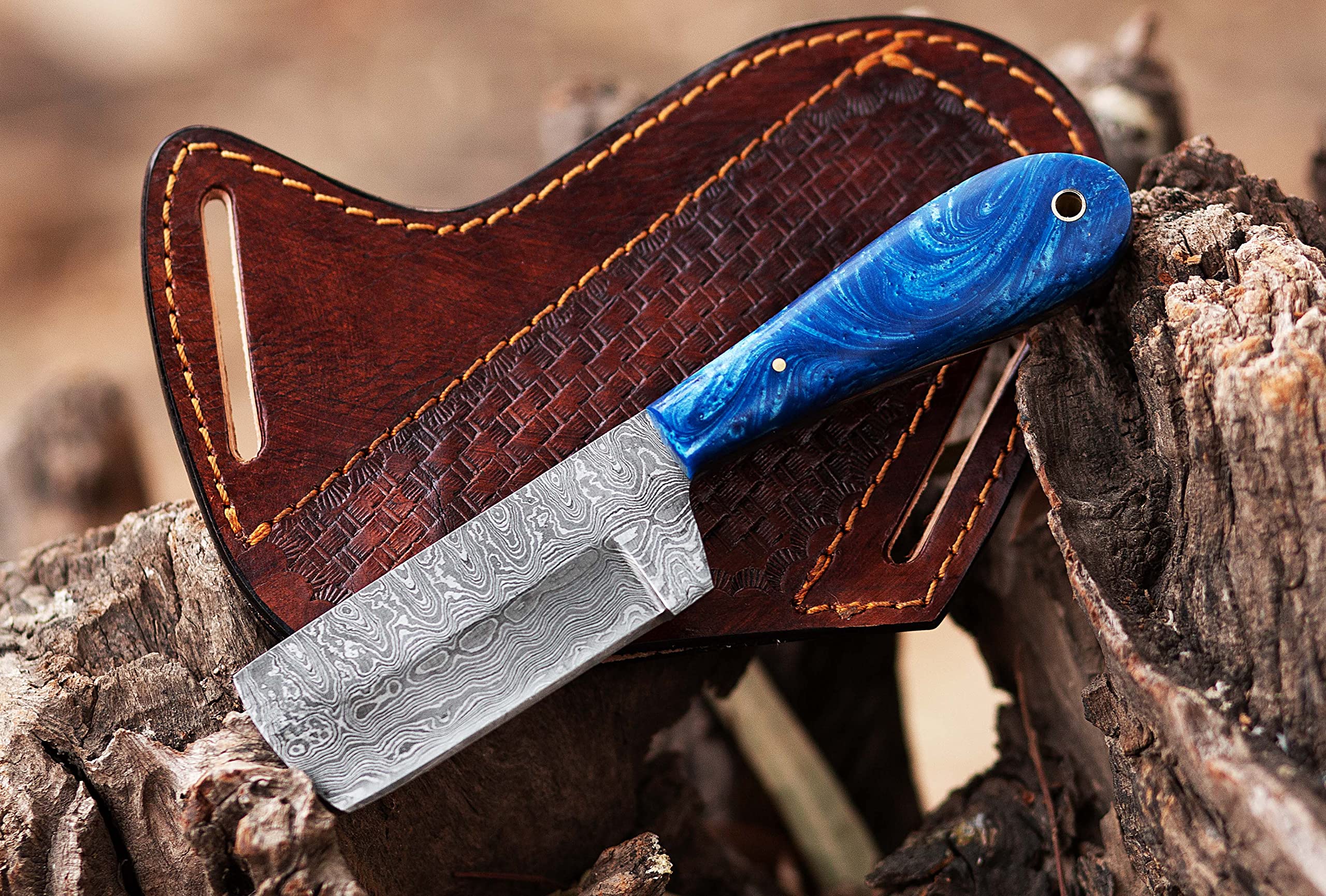 LH LIMASSOLCustom Handmade Damascus steel Bull cutter knife, cowboy knives with pancake leather sheath