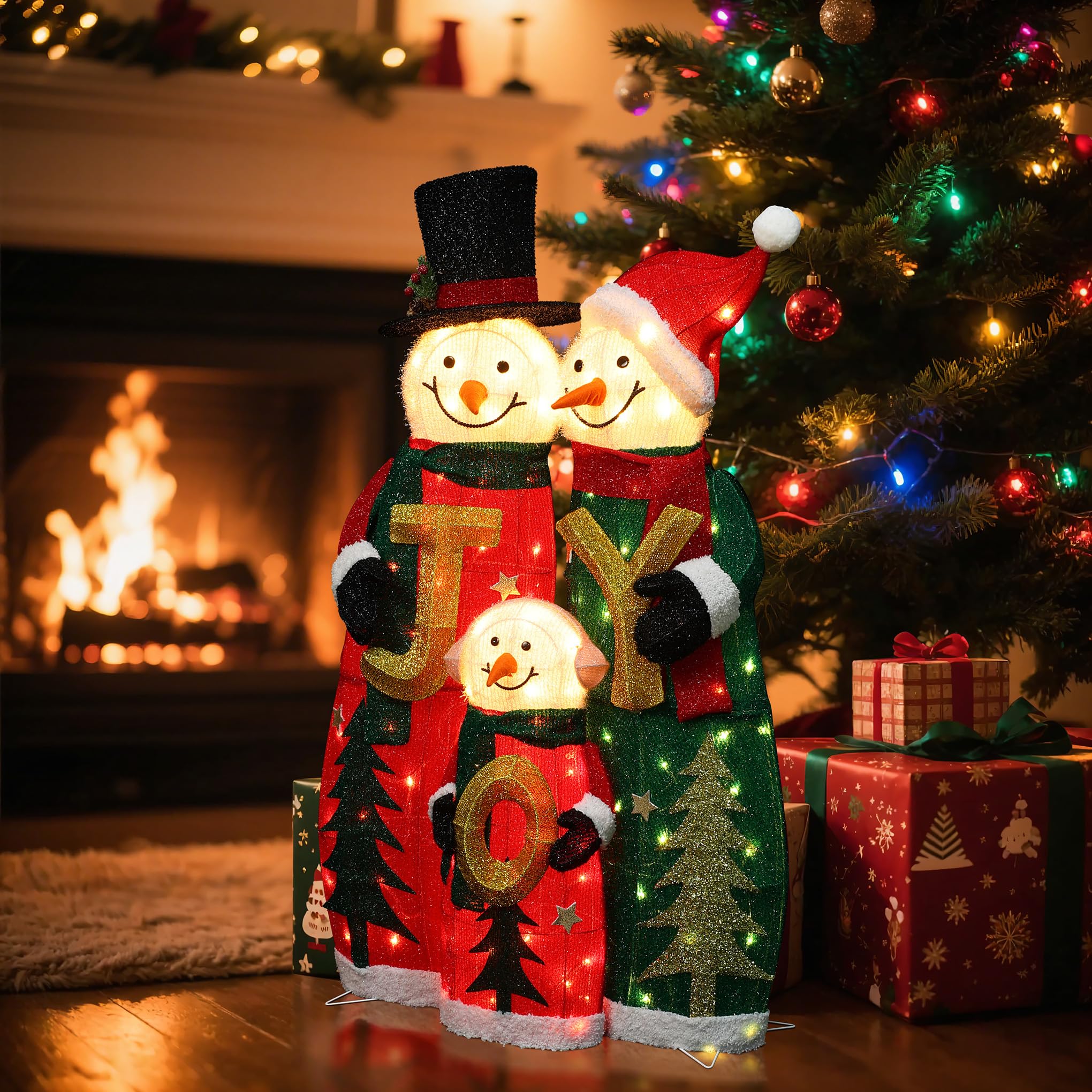 LuxenHome - Muñeco de nieve iluminado de 3 pies, decoración familiar al aire libre, muñeco de nieve con sombrero y bufanda, decoraciones navideñas iluminadas para interiores y exteriores para porche