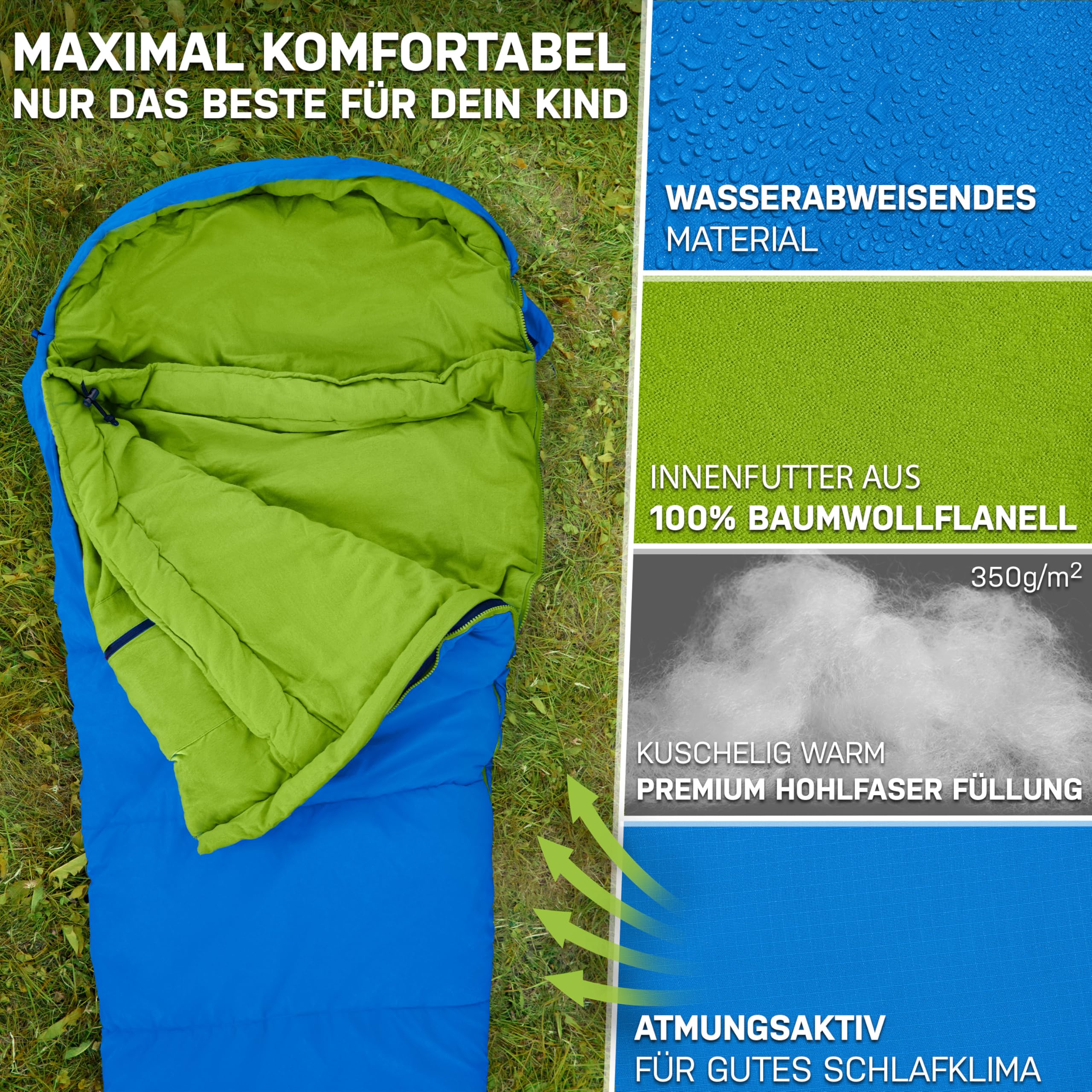 NORDBÄR® Kinderschlafsack für Jungs & Mädchen bis 145 cm Körpergröße | Innenfutter aus 100% Baumwolle | Mumienschlafsack leicht & warm | Kinder Outdoor Schlafsack [1200g] | Camping Kinderschlafsäcke