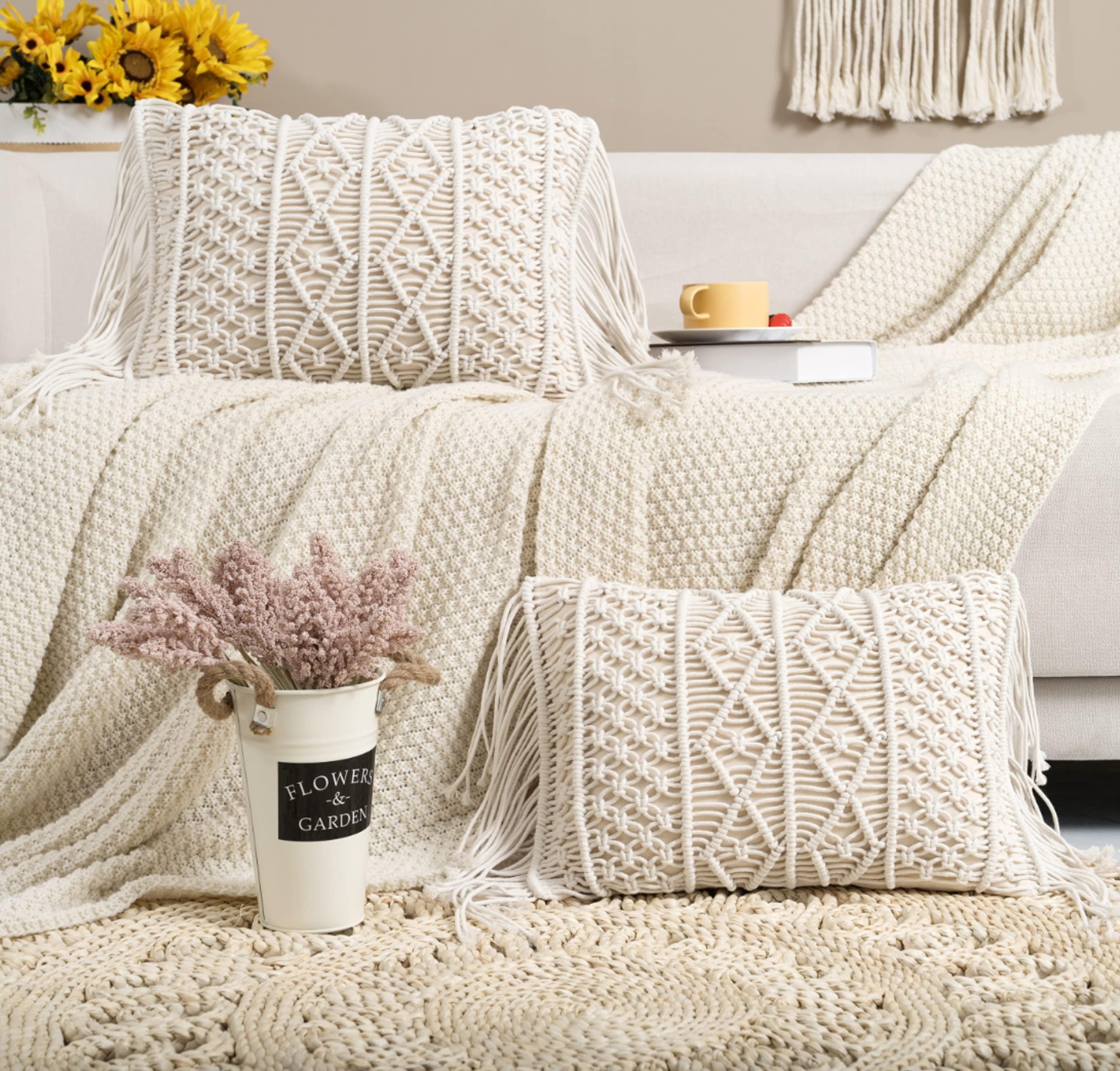 Macrame Lumbar Pillow Cover-Set of 2 with Tassels Rectangualr Cushion Covers Boho Throw Pillow Cover for Couch, Sofa, Bed, Farmhouse, Chair, Dining, Patio, Outdoor, car (B)
