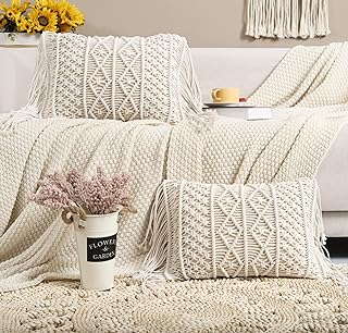 Macrame Lumbar Pillow Cover-Set of 2 with Tassels Rectangualr Cushion Co...