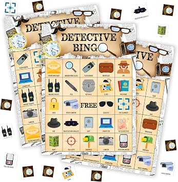 Detective Bingo Games For Adults, Agent Birthday Bingo Game Set, Detective Activity Bingo Card, Spy Bingo Favors For Family Friend Detective Lover, Mystery Detective Games Decor & Supplies -08