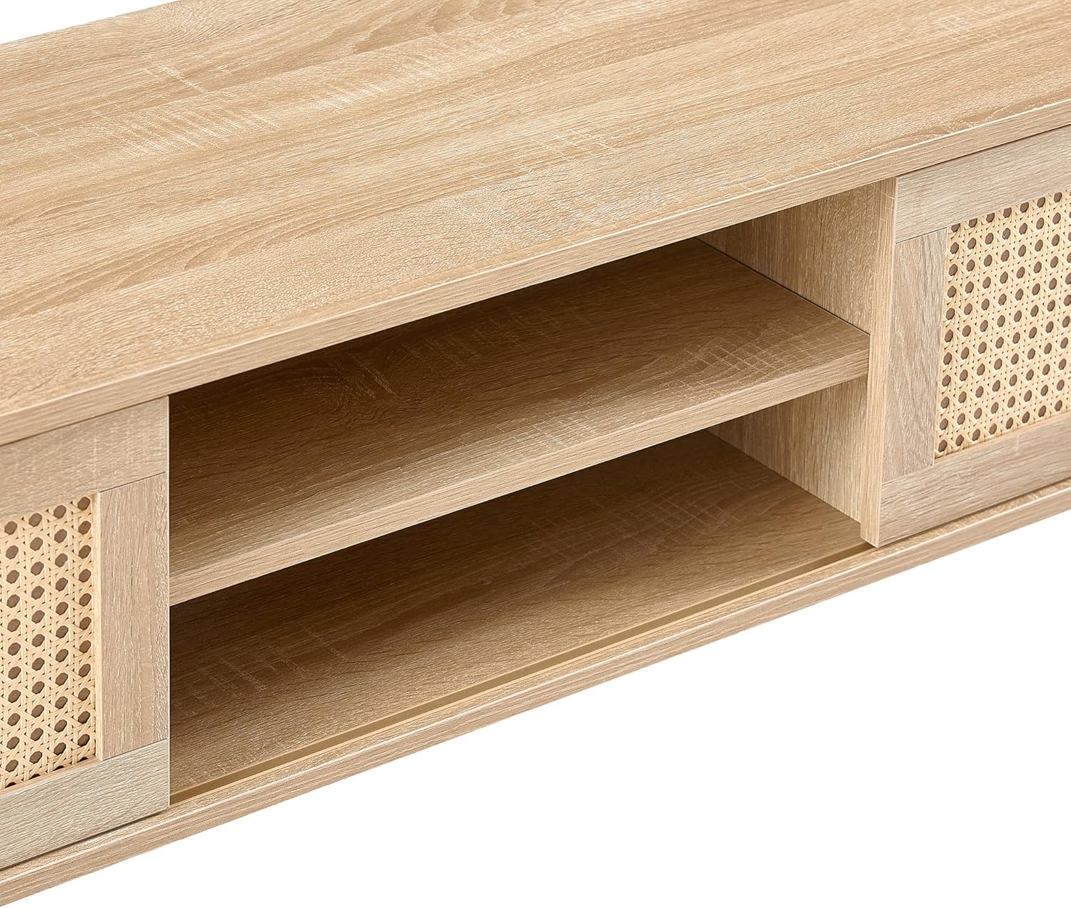 55.12" Rattan TV Cabinet, Modern Wooden Media Console with 2 Sliding Doors & Adjustable Storage Shelf, Multi-Function TV Stand Entertainment Center for Living Room Bedroom Office, Natural Color