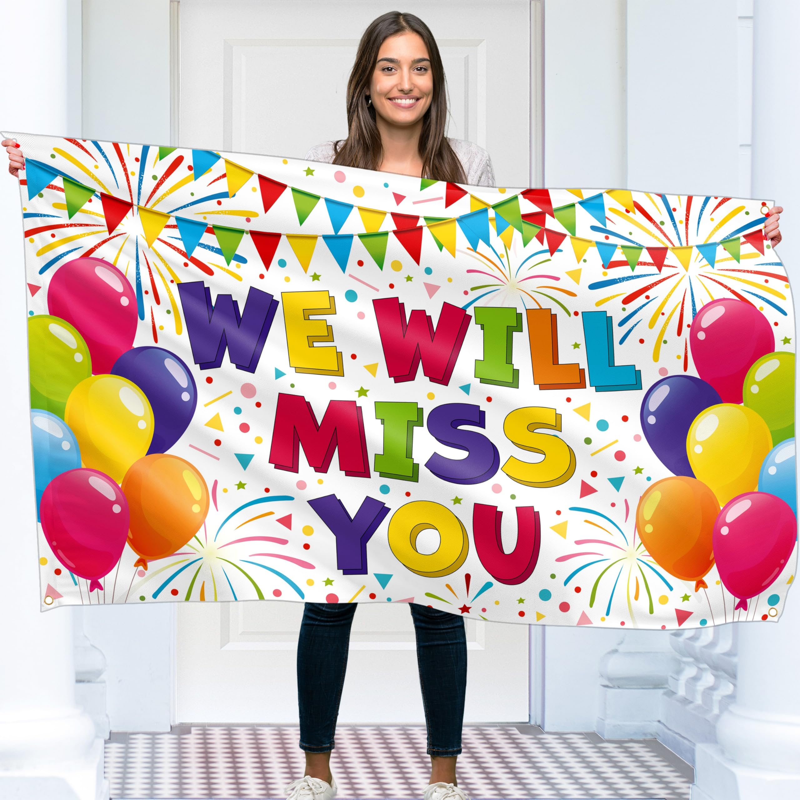 We Will Miss You Banner - Good Luck banner and decoration - Sorry Your Leaving decorations - 5ft x 3ft with 4 brass holes - Vivid Digital Print - 110Den Thick polyester - Double Seam (White)