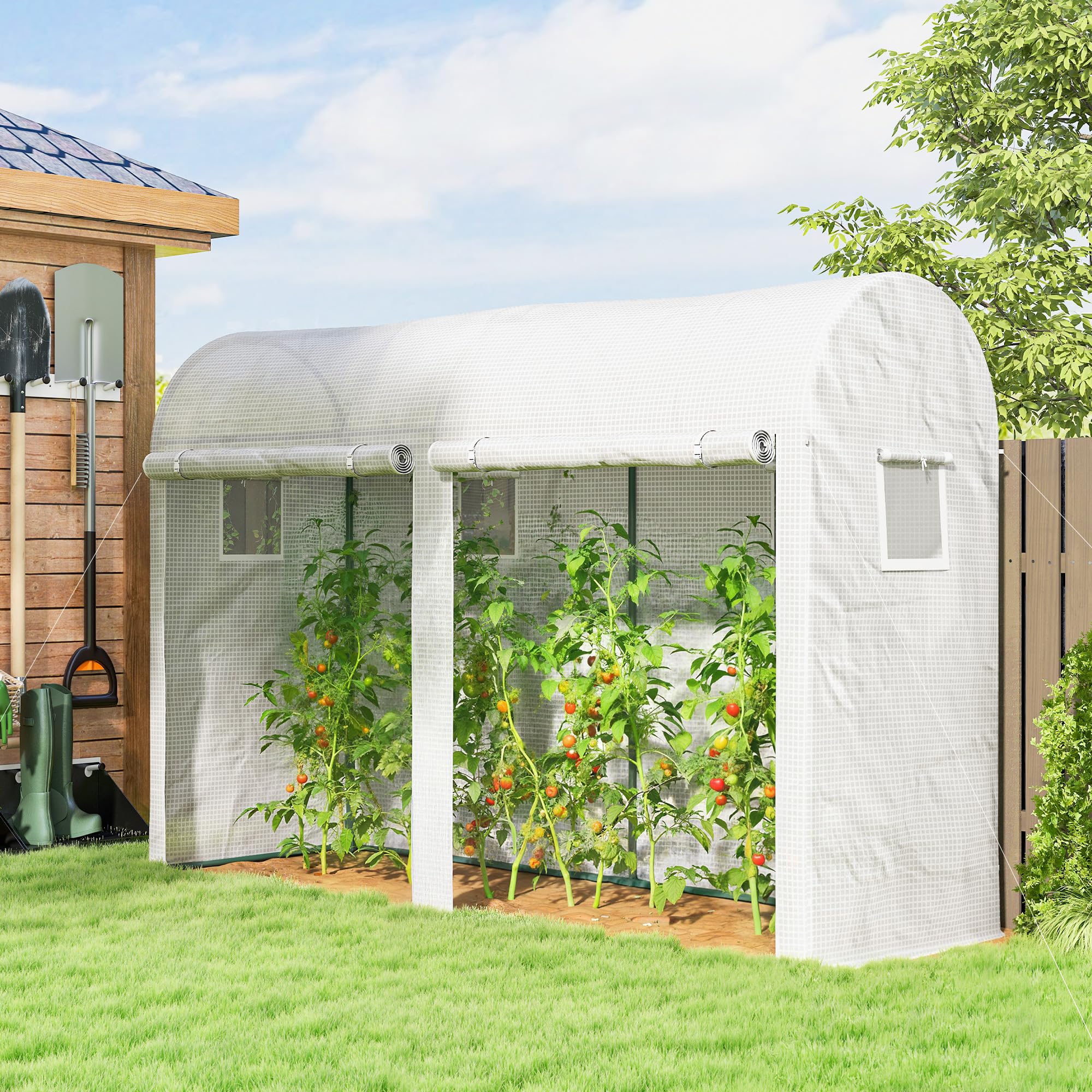 Outsunny Serra da Giardino 3x1x2m con 2 Porte Avvolgibili e 4 Finestre, Serra per Orto, Struttura Acciaio e Copertura PE, per Piante Verdure Fiori Frutta, Anti UV, Bianco