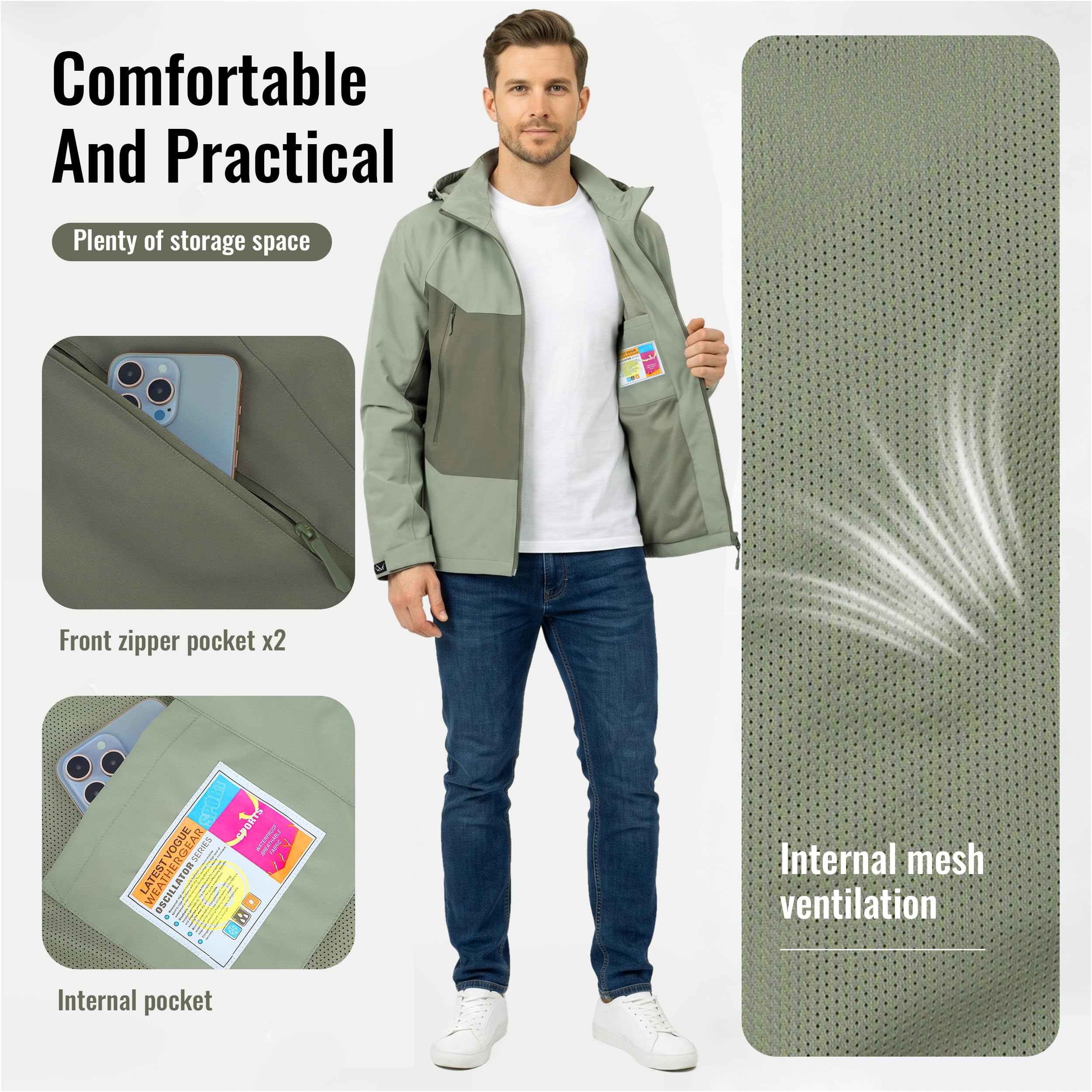 SUKUTU Chaqueta impermeable da uomo Abrigo al aire libre impermeable ligero excursión chaqueta color bloqueado capuchón cappello