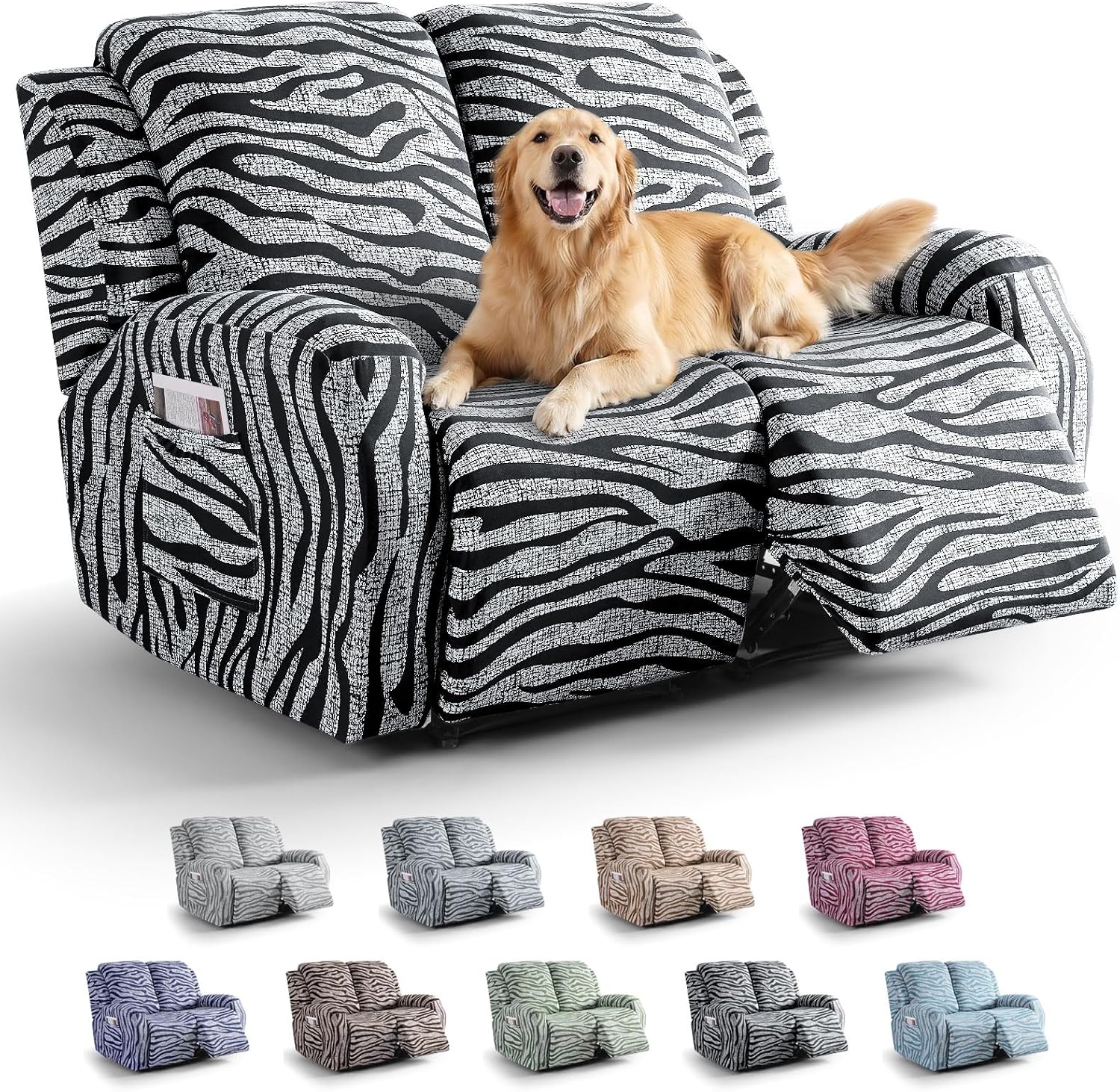 VANSOFY 8-Piece Stretch Recliner Sofa Covers, Non-Slip Zebra Stripe Recliner Couch Covers with Elastic Bottom, Washable Furniture Protector for Pet Kids Friendly (3 Seater, Chocolate)