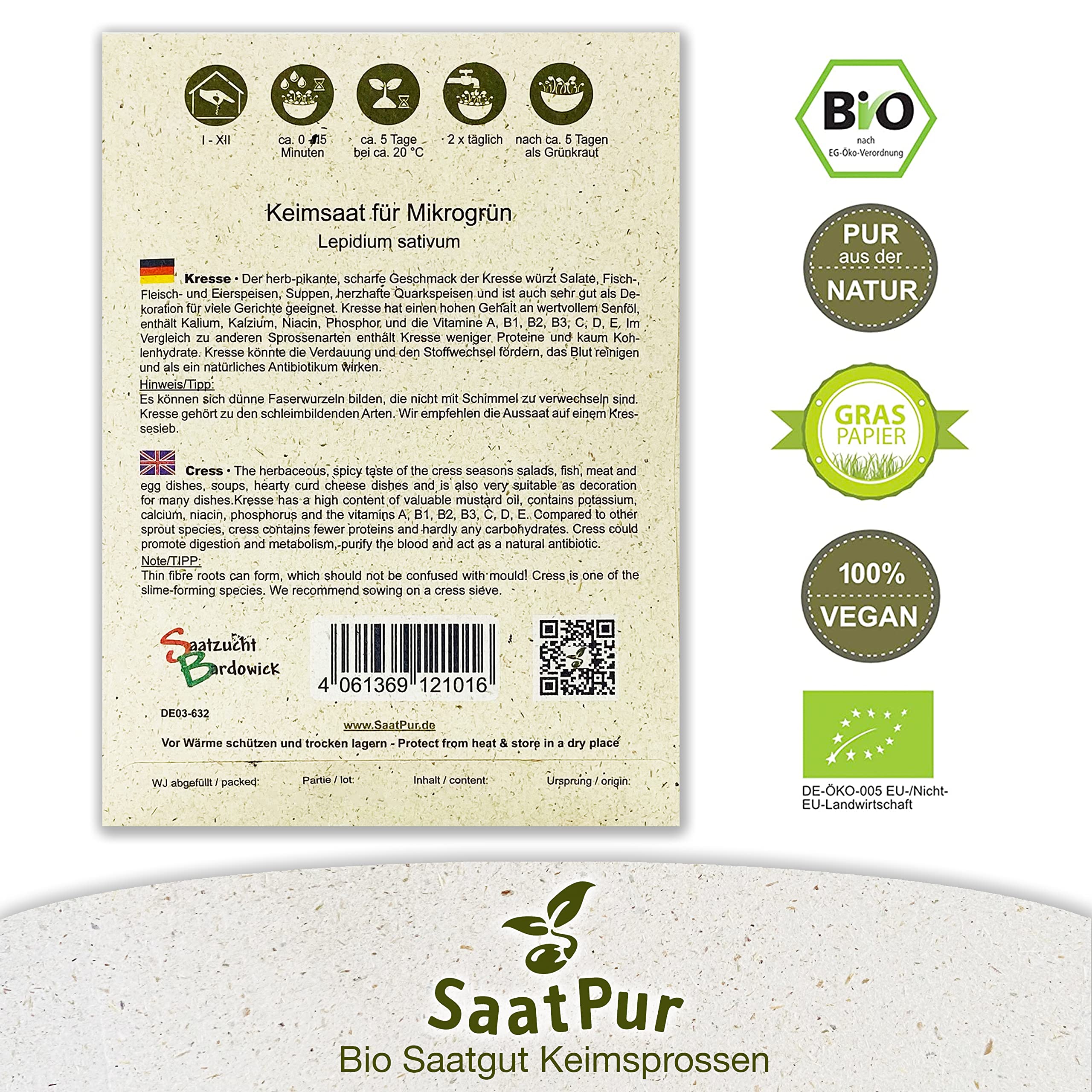 Kresse BIO Keimsprossen von SaatPur - Sprossen Keimsaat, Microgreen - Kleines Tray mit 20 Portionstüten je 75g