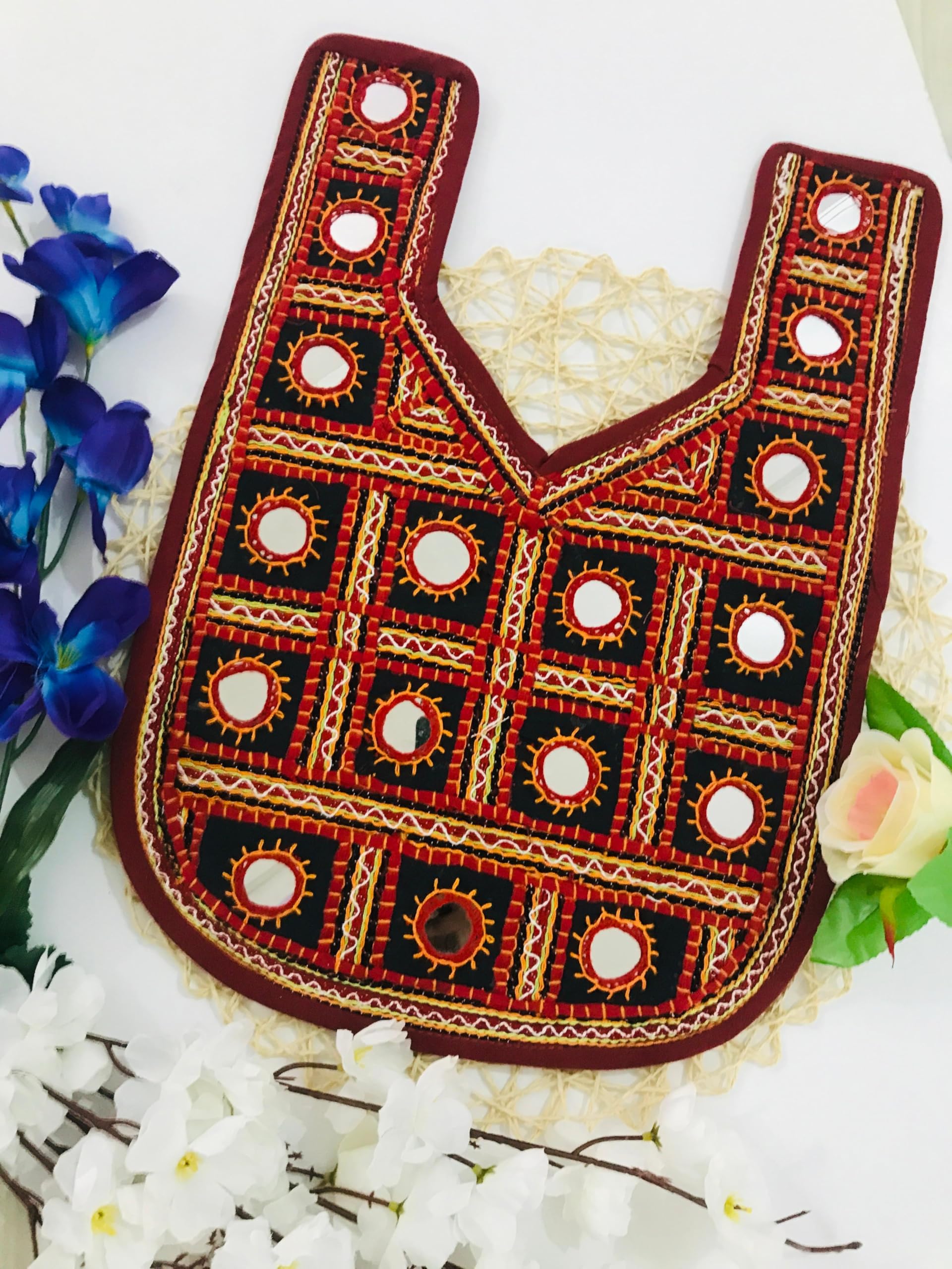 PREMDAS LACE Neck Patch for Kurti, Kachi Banjara Yoke Neck, khichadi Neck Patch, Mirror Work Hand Embroidery, Patch Dress, Salwar, top Traditional Handmade Patches, Multi Color Bohemian Art (Maroon) Home