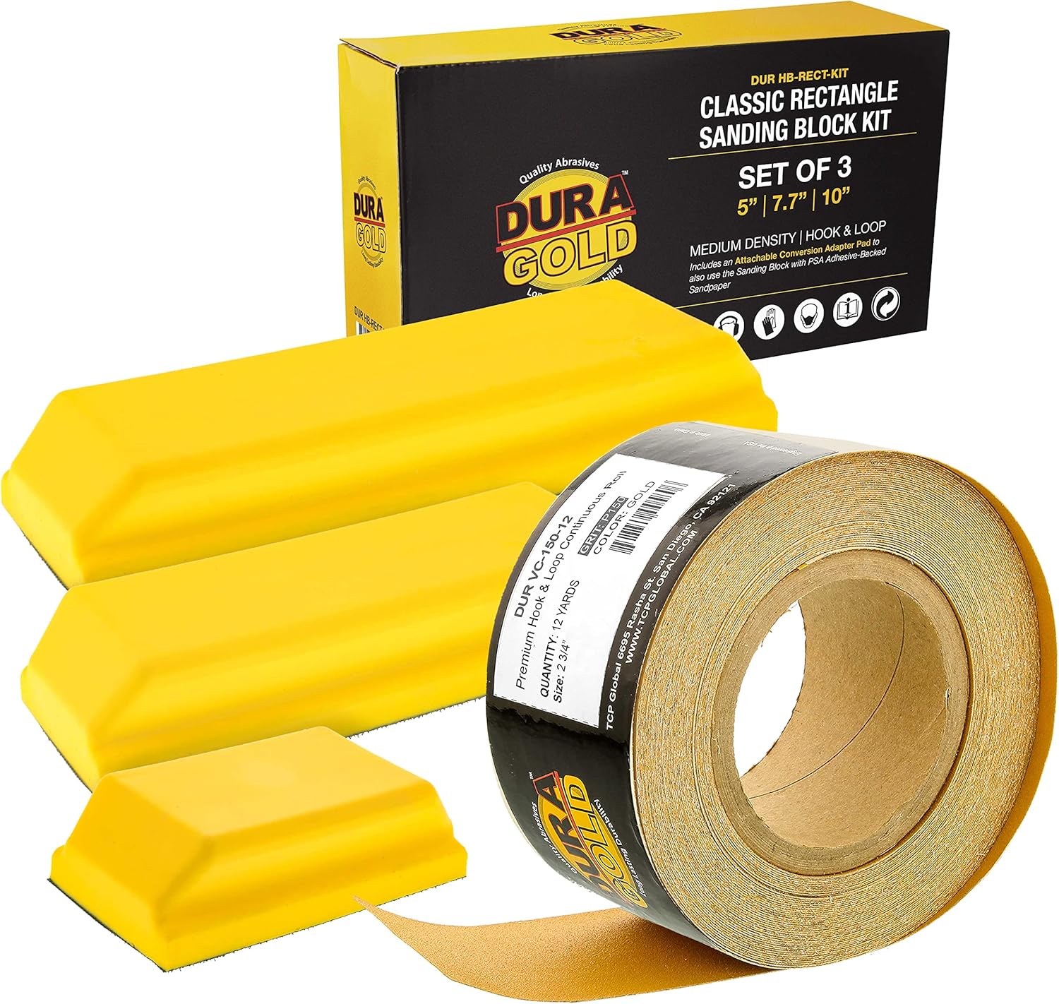 Dura-Gold Pro Series Rectangle Hand Sanding Block Kit with 3 Blocks, 5", 7-3/4" and 10" Set, Hook & Loop Backing and PSA Adapter Pad & 150 Grit Sandpaper Roll, 2-3/4" Wide, 12 Yards Long