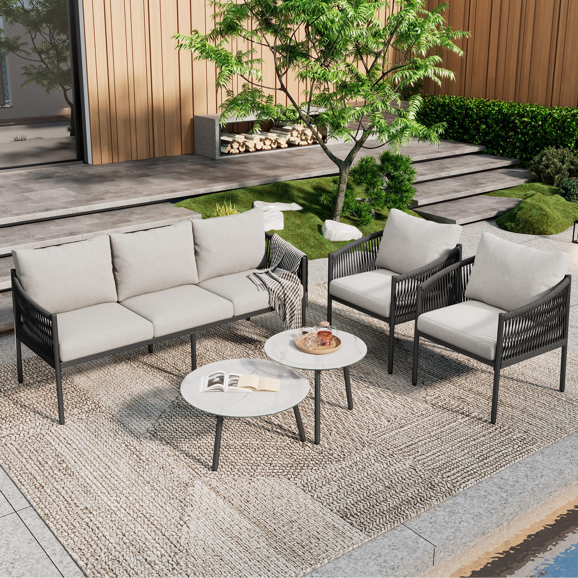 Lexiou Set di sedie da giardino, divano a 3 posti, 2 poltrone e 2 tavolini, per esterni, piano in vetro laccato marmo, corda intrecciata a mano, grigio